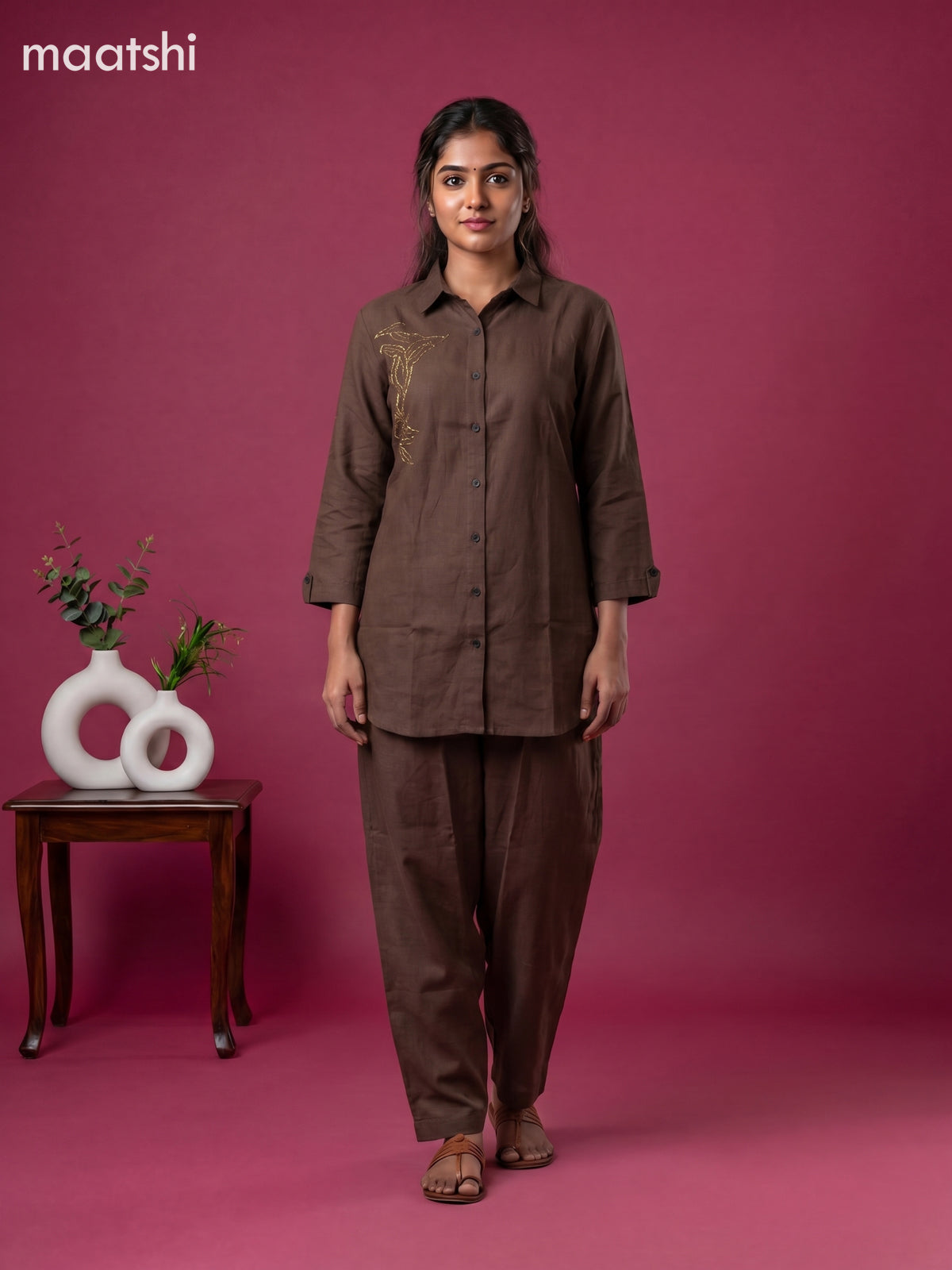 Dark Brown Cotton Embroidery Work Short Co-Ord Set