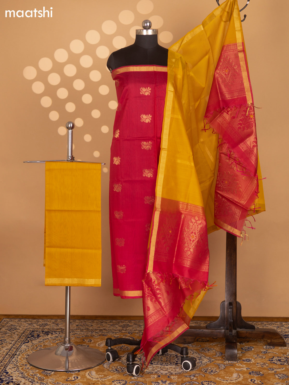 Pink and Mustard Yellow Silk Cotton Dress Material With Zari Woven Buttas and Bottom & Zari Dupatta