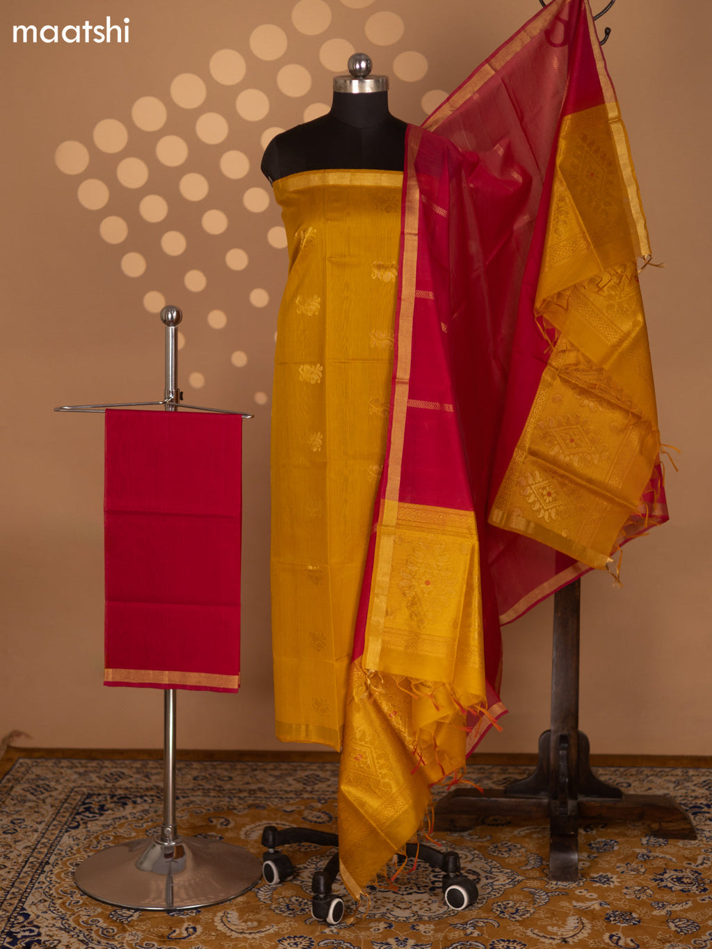 Mustard Yellow and Pink Silk Cotton Dress Material With Zari Woven Buttas and Bottom & Zari Dupatta
