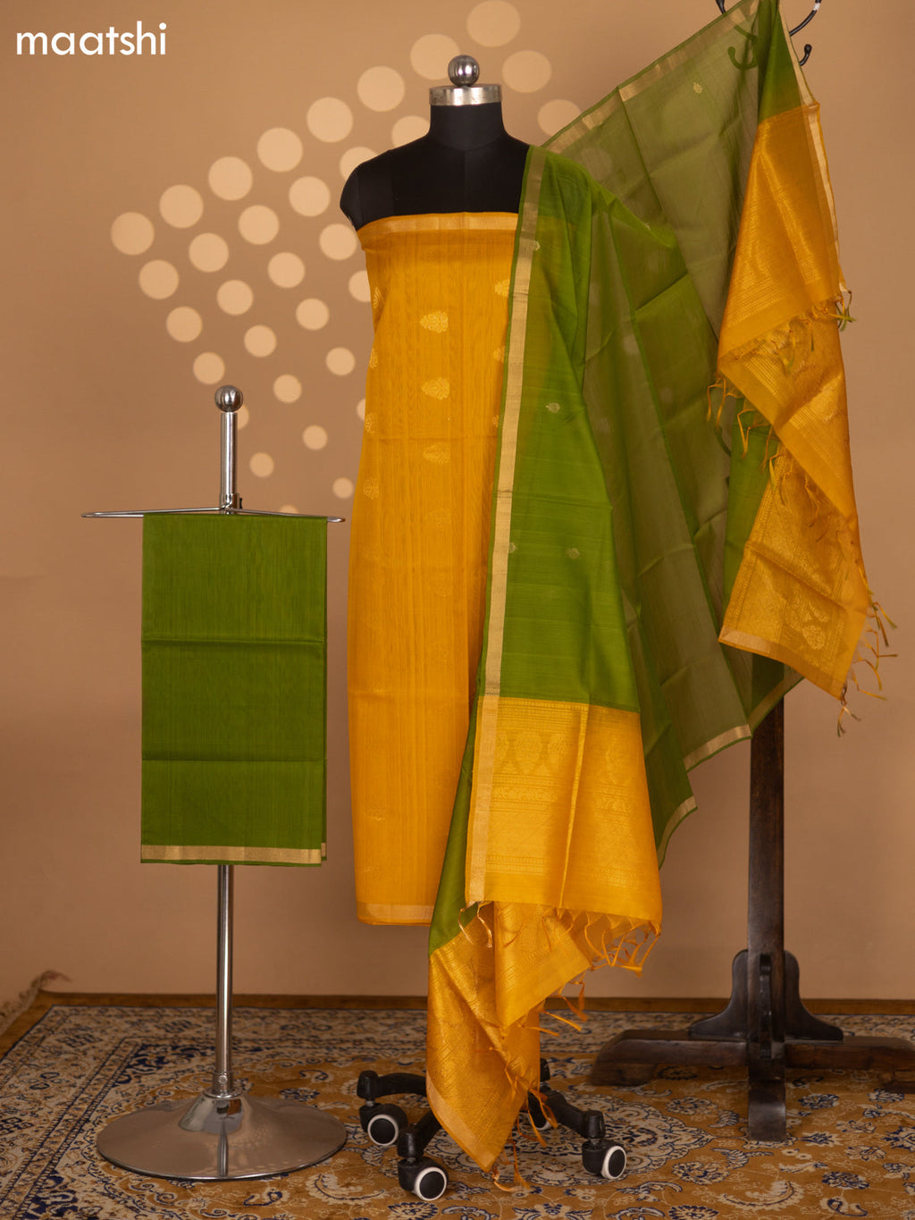 Mango Yellow and Green Silk Cotton Dress Material With Zari Woven Buttas and Bottom & Zari Dupatta