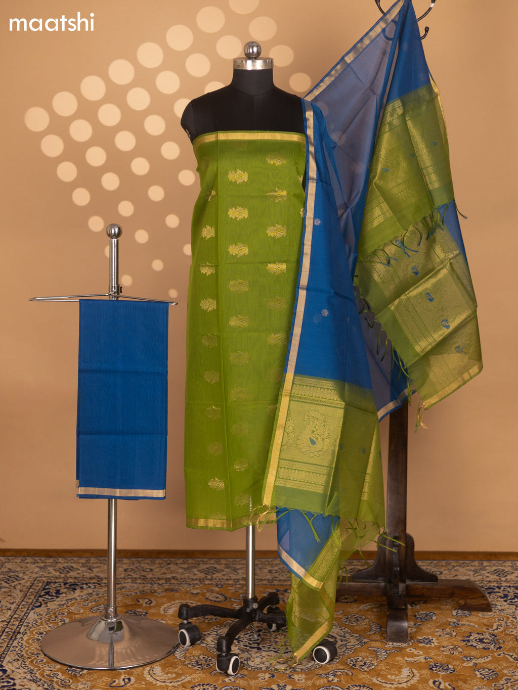 Light Green and Peacock Blue Silk Cotton Dress Material With Zari Woven Floral Buttas and Bottom & Zari Dupatta