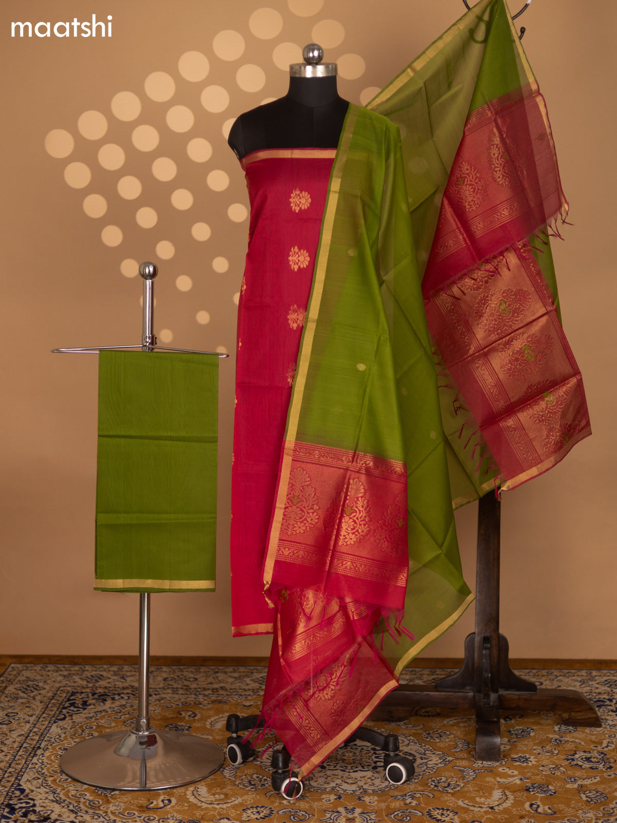 Pink and Green Silk Cotton Dress Material With Zari Woven Buttas and Bottom & Zari Dupatta