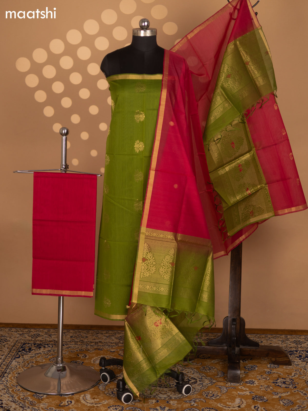 Green and Pink Silk Cotton Dress Material With Zari Woven Buttas and Bottom & Zari Dupatta