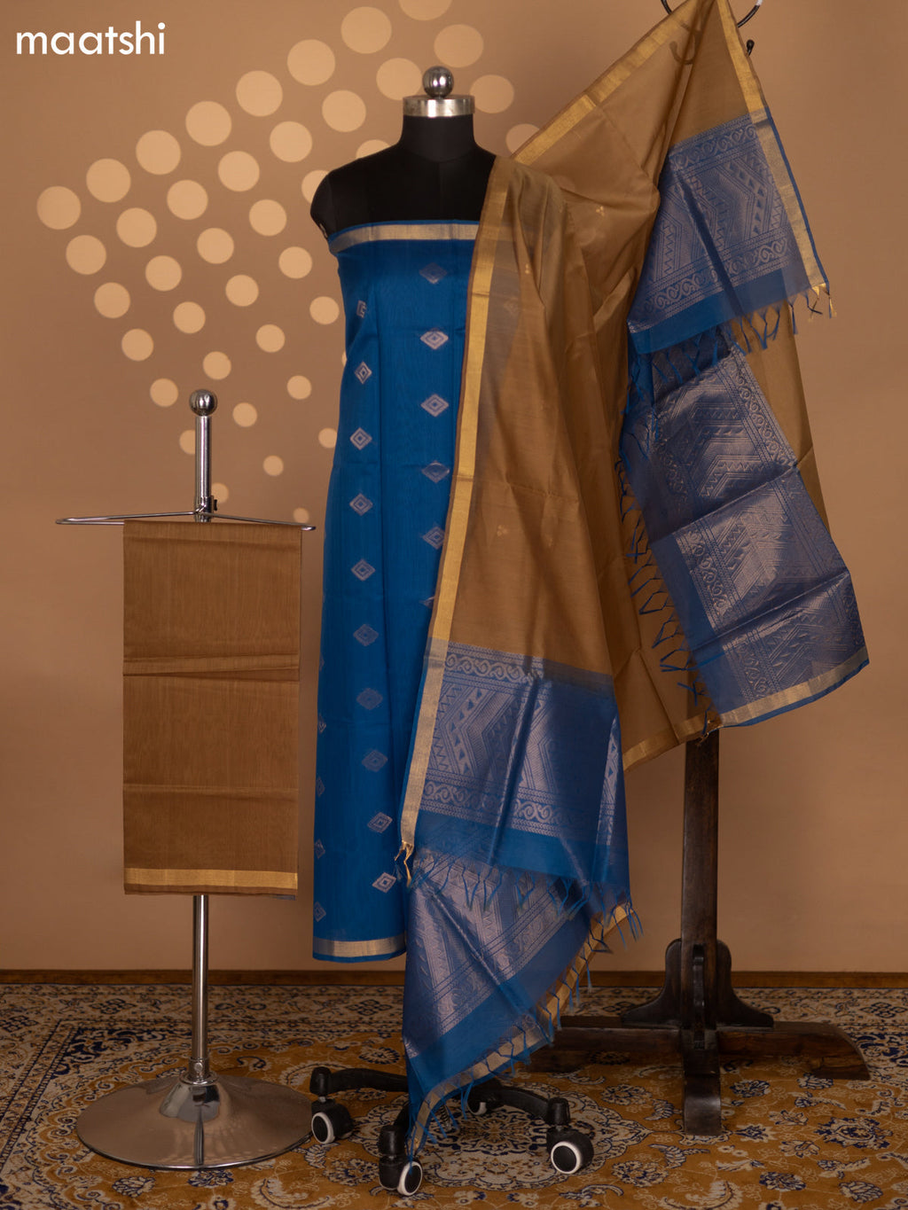 Peacock Blue and Sandal Silk Cotton Dress Material With Zari Woven Buttas and Bottom & Zari Dupatta