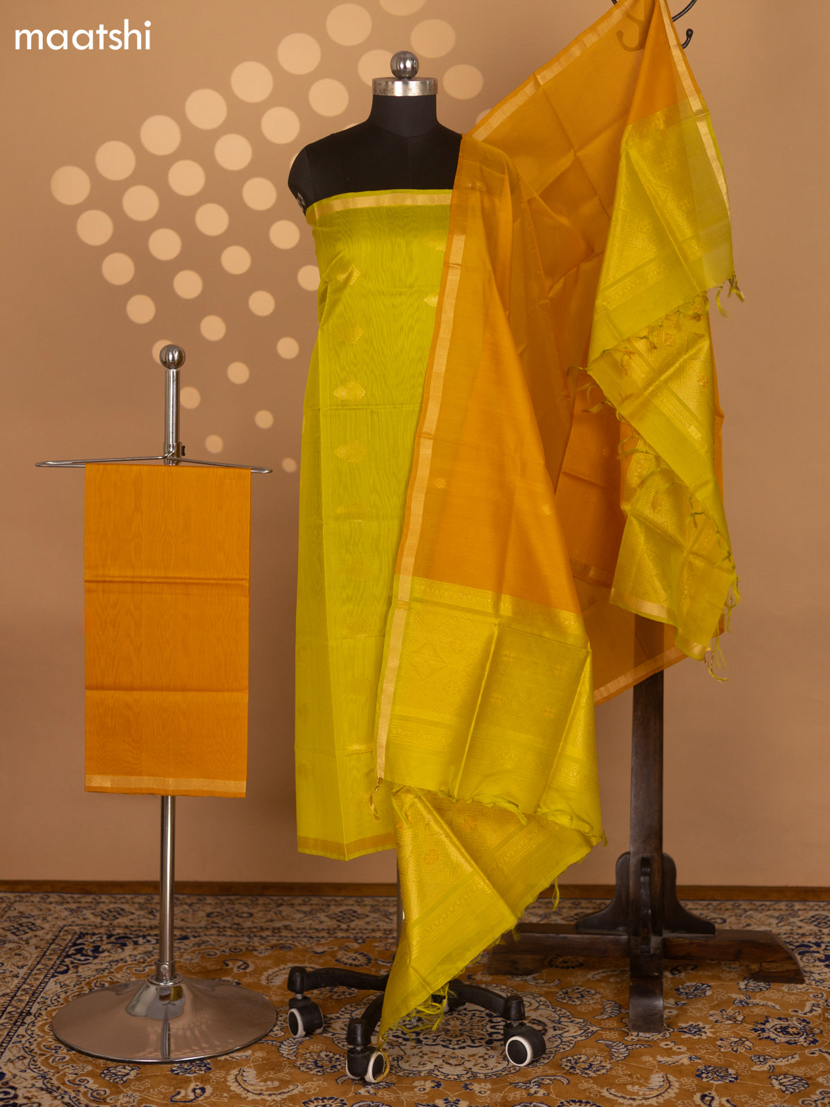 Lime Green and Mango Yellow Silk Cotton Dress Material With Zari Woven Buttas and Bottom & Zari Dupatta
