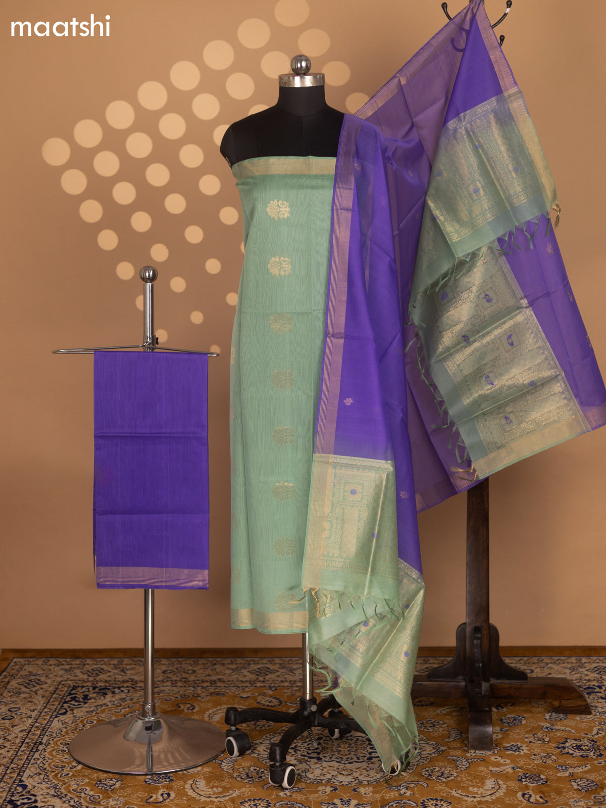Pista Green and Lavender Silk Cotton Dress Material With Zari Woven Buttas and Bottom & Zari Dupatta