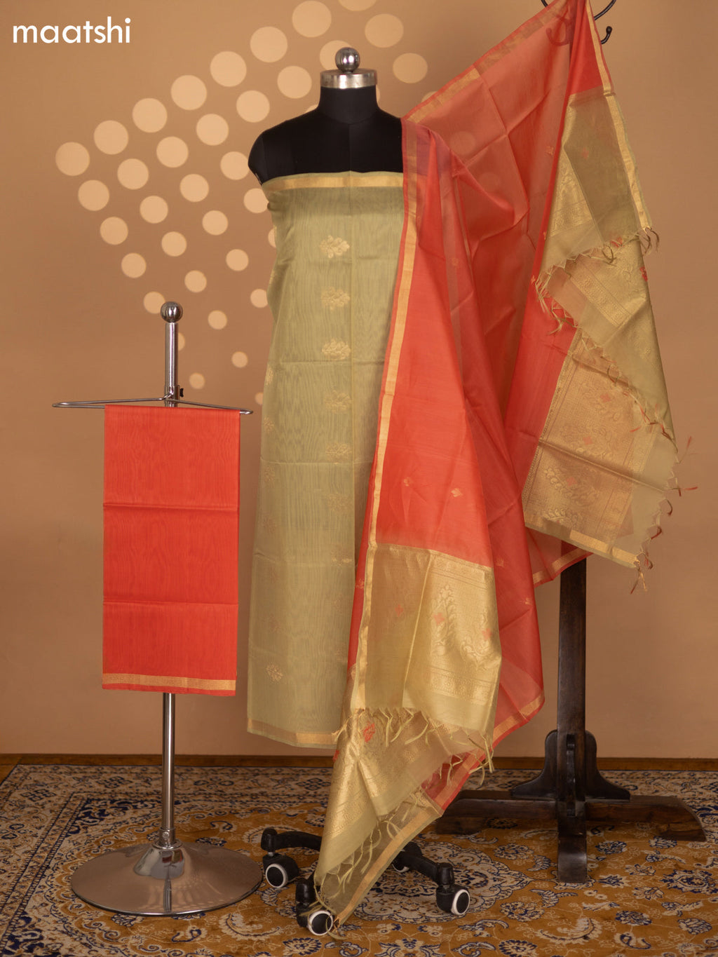 Sandal and Peach Silk Cotton Dress Material With Zari Woven Buttas and Bottom & Zari Dupatta
