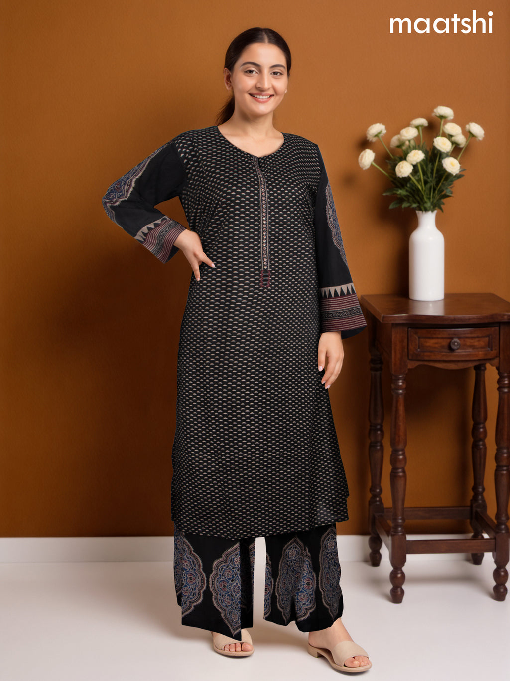Cotton salwar suit black with prints & embroidery work neck pattern and palazzo pant & dupatta