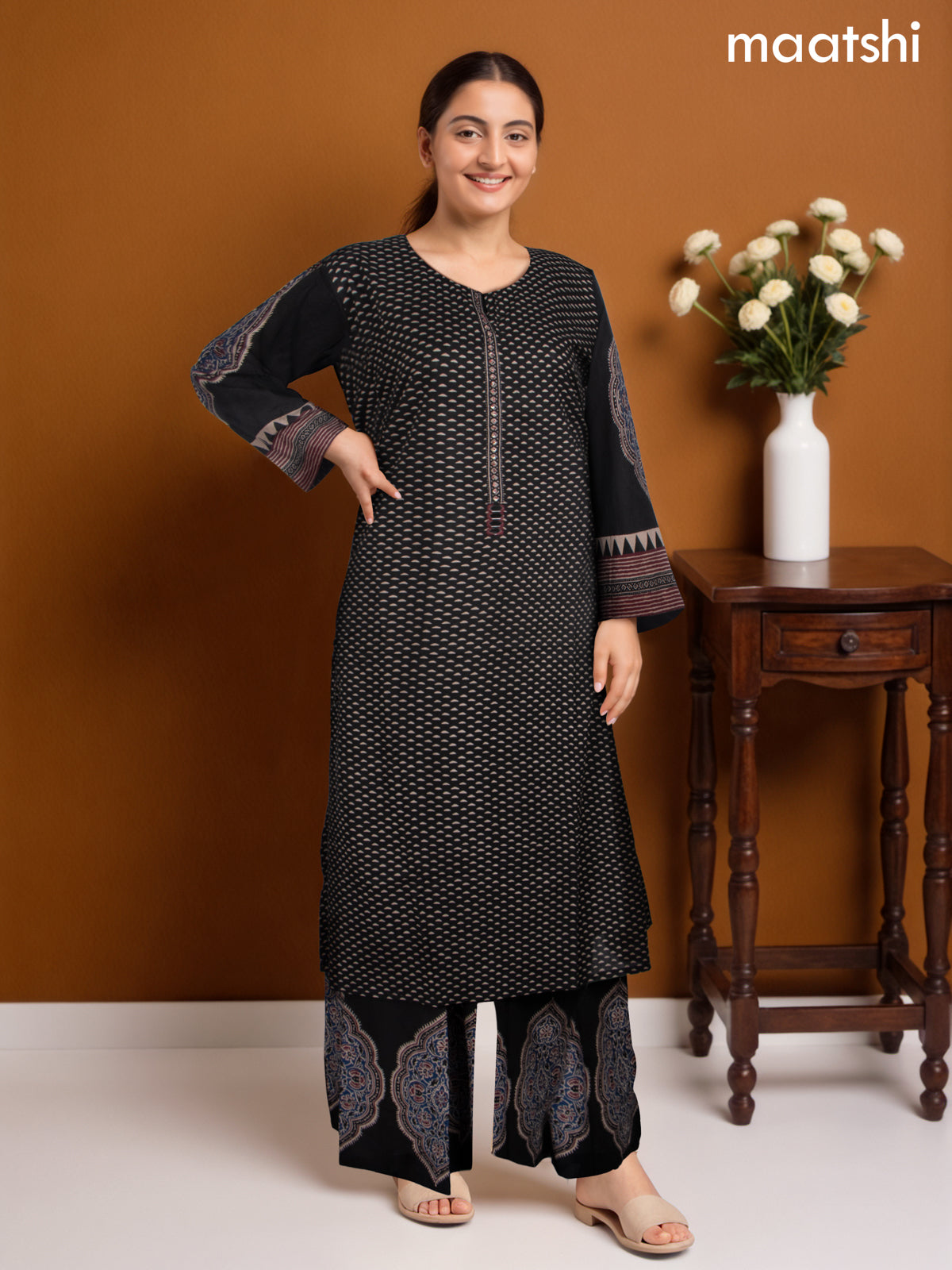 Cotton salwar suit black with prints & embroidery work neck pattern and palazzo pant & dupatta