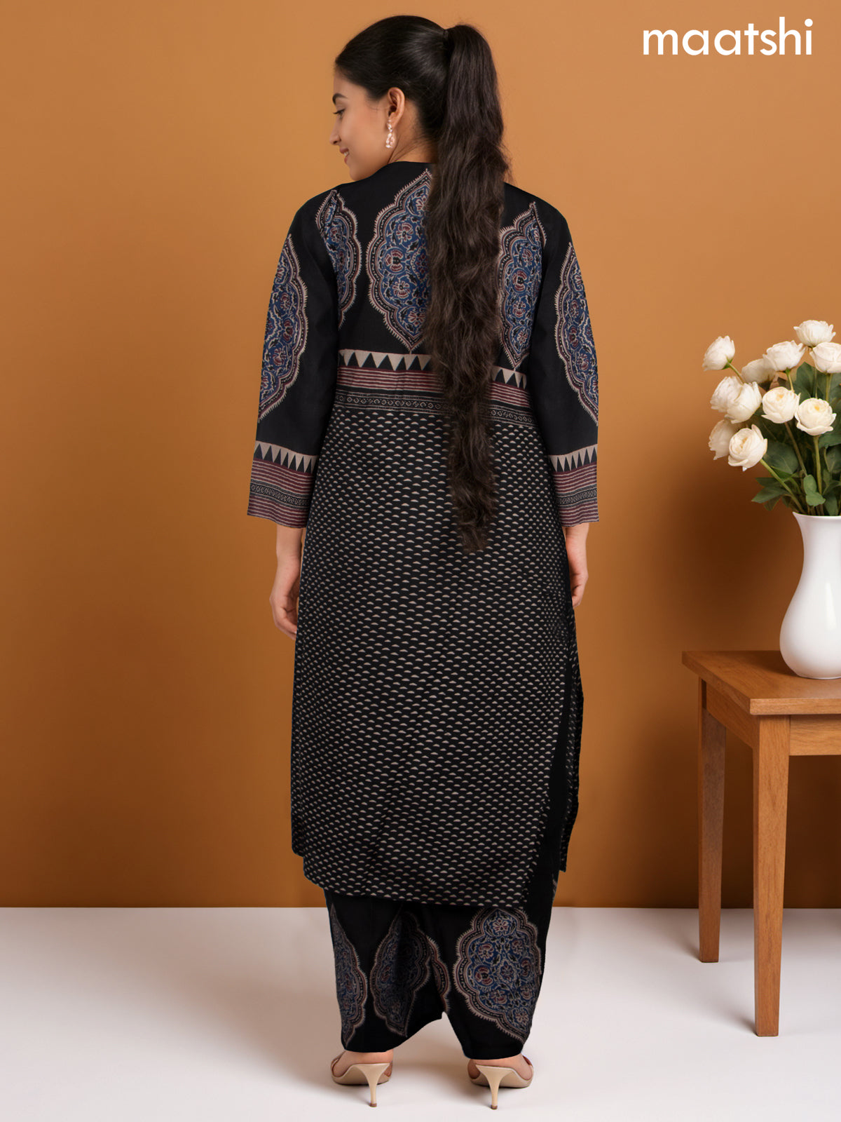 Cotton salwar suit black with prints & embroidery work neck pattern and palazzo pant & dupatta