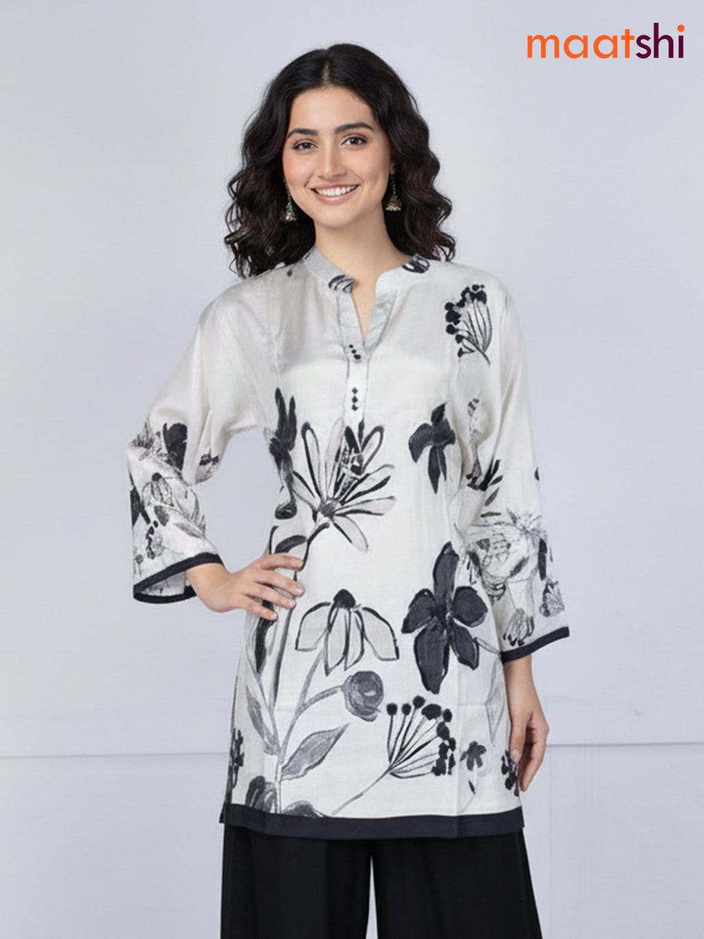 Pastel Grey and Black Muslin Floral Printed Kurti Set