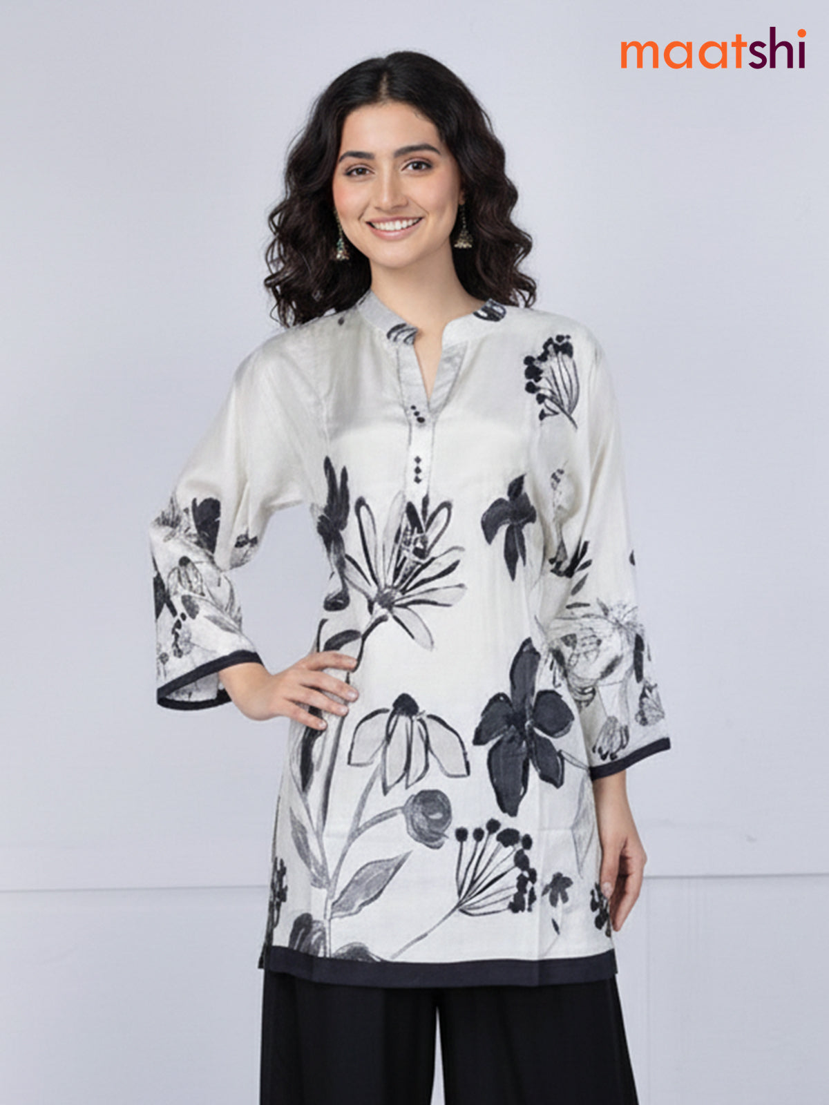 Pastel Grey and Black Muslin Floral Printed Kurti Set