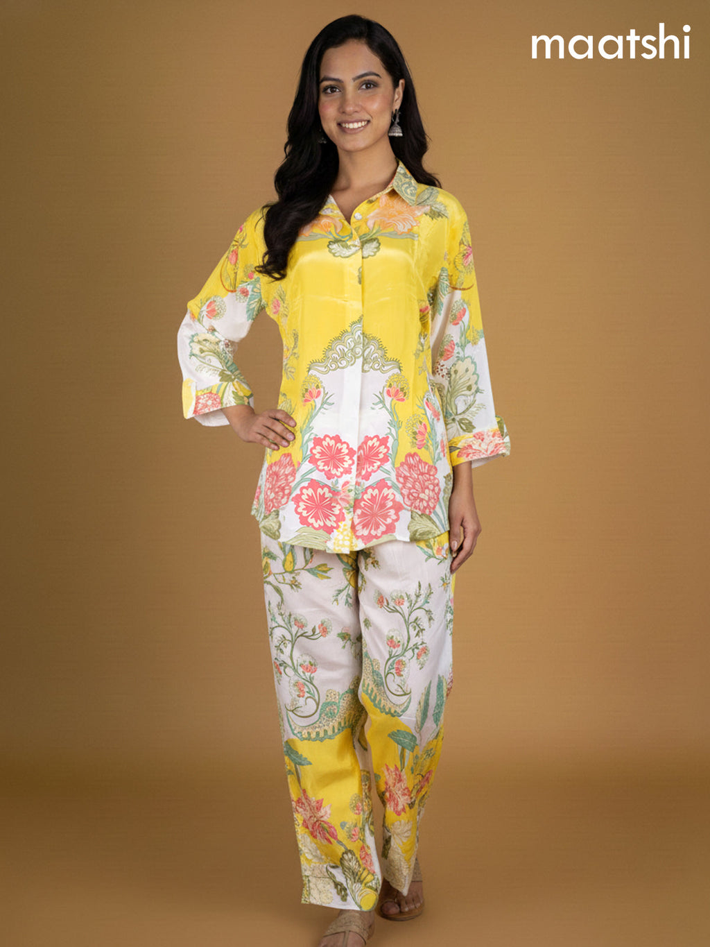 Yellow and Off White Crepe Silk Printed Co-Ord Set