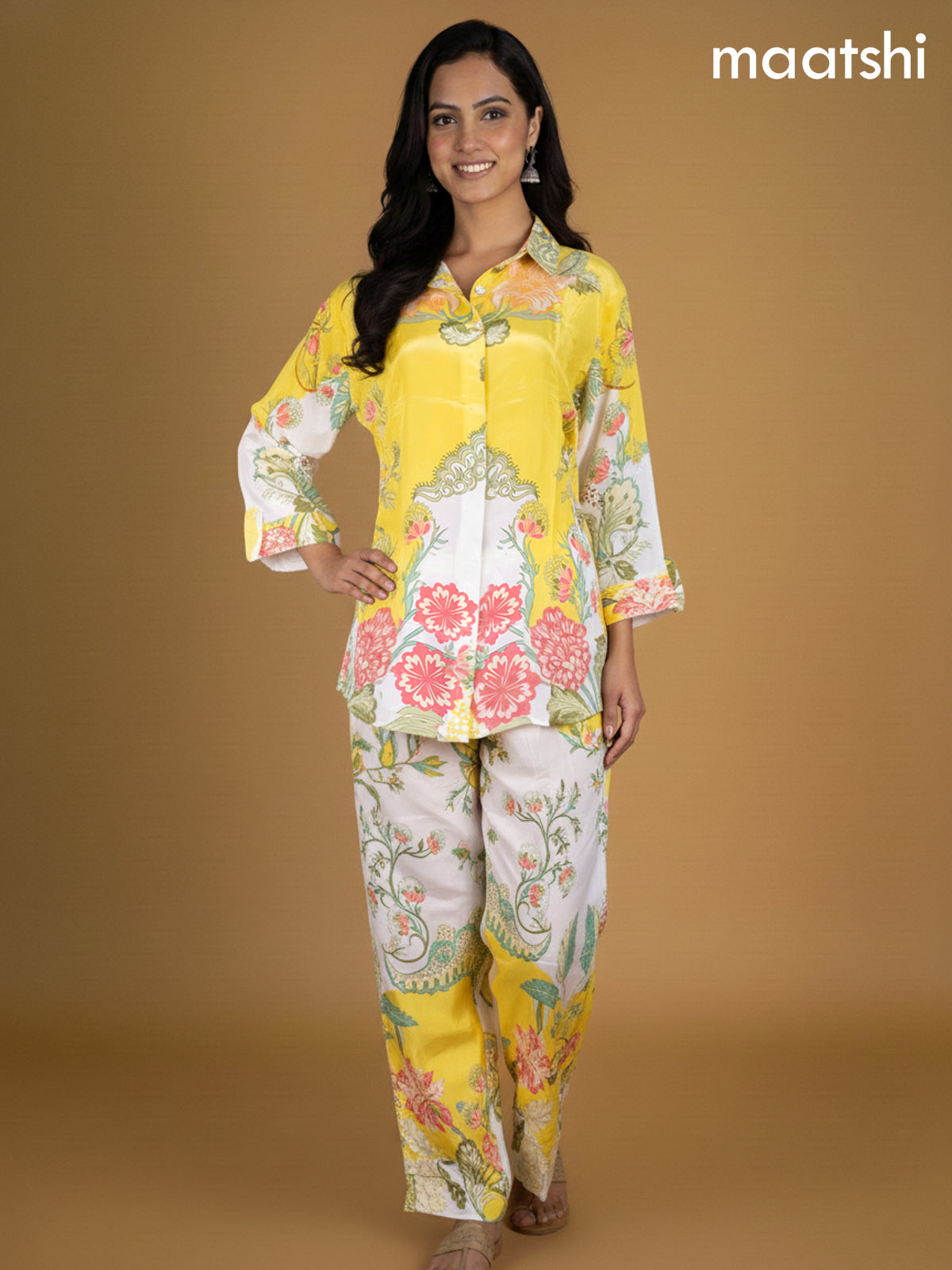 Yellow and Off White Crepe Silk Printed Co-Ord Set