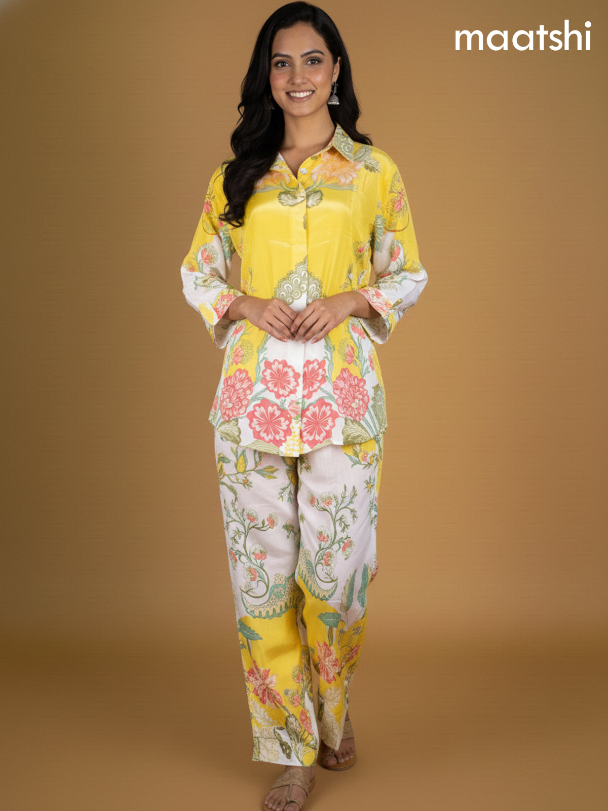 Yellow and Off White Crepe Silk Printed Co-Ord Set