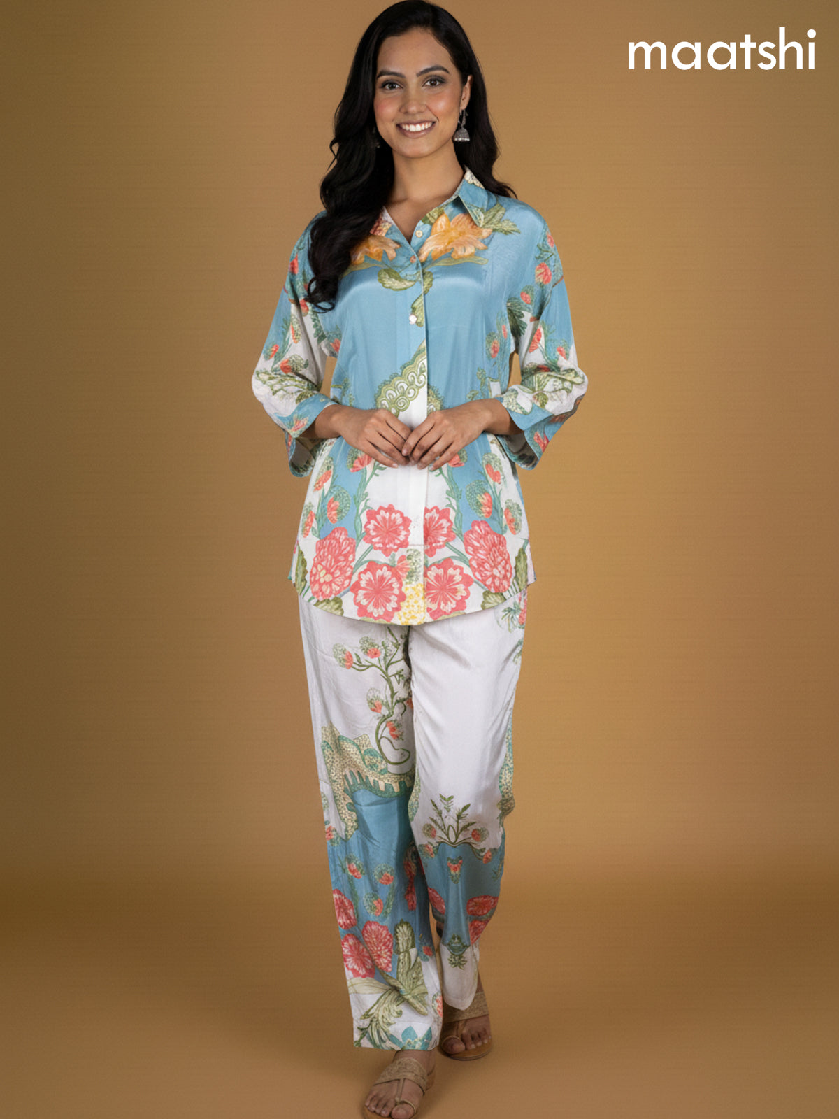 Pastel Blue and Off White Crepe Silk Printed Co-Ord Set