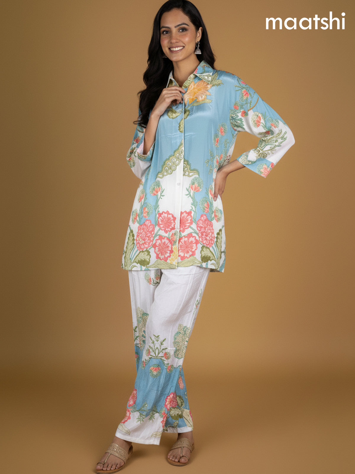 Pastel Blue and Off White Crepe Silk Printed Co-Ord Set