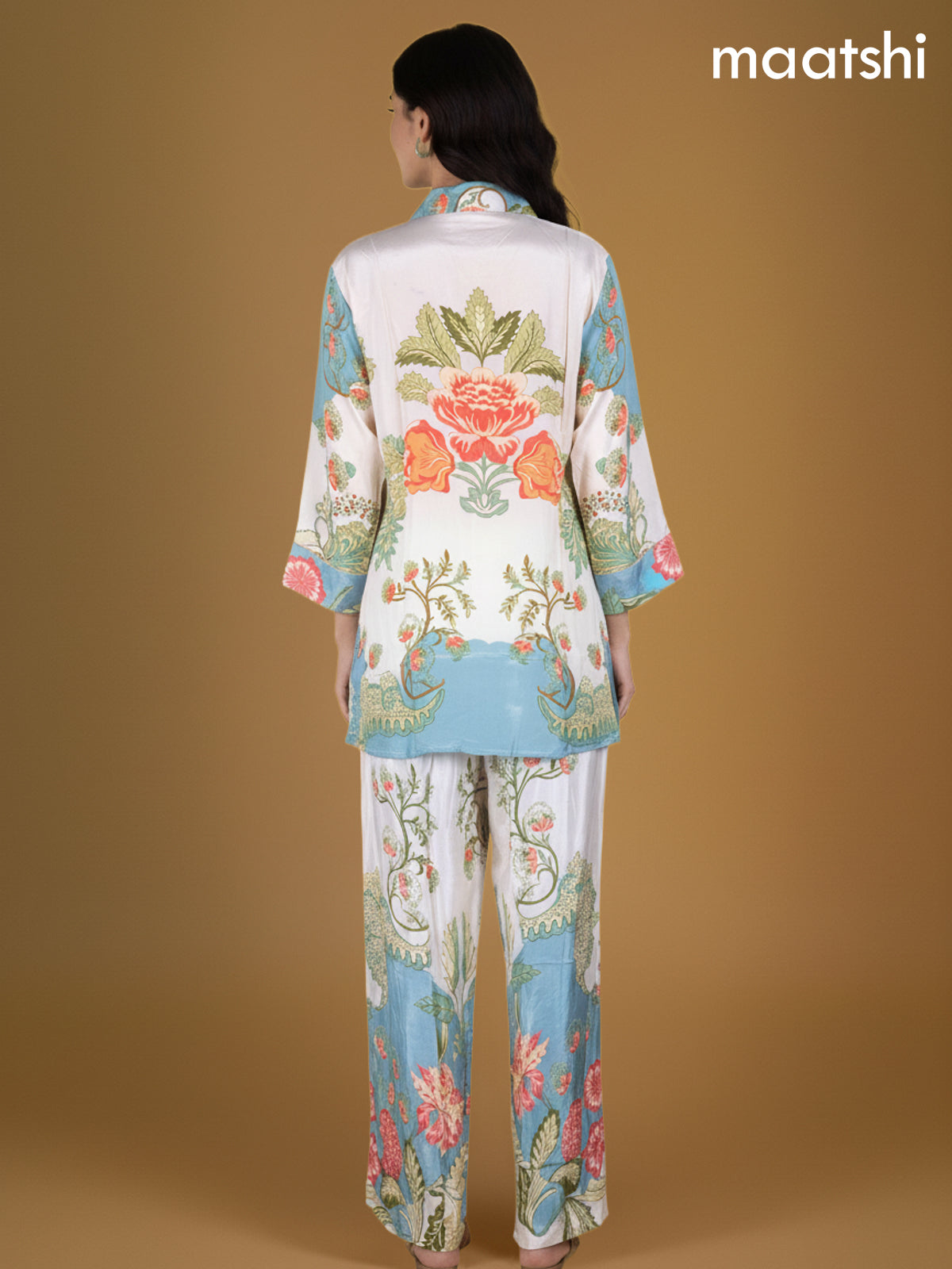 Pastel Blue and Off White Crepe Silk Printed Co-Ord Set