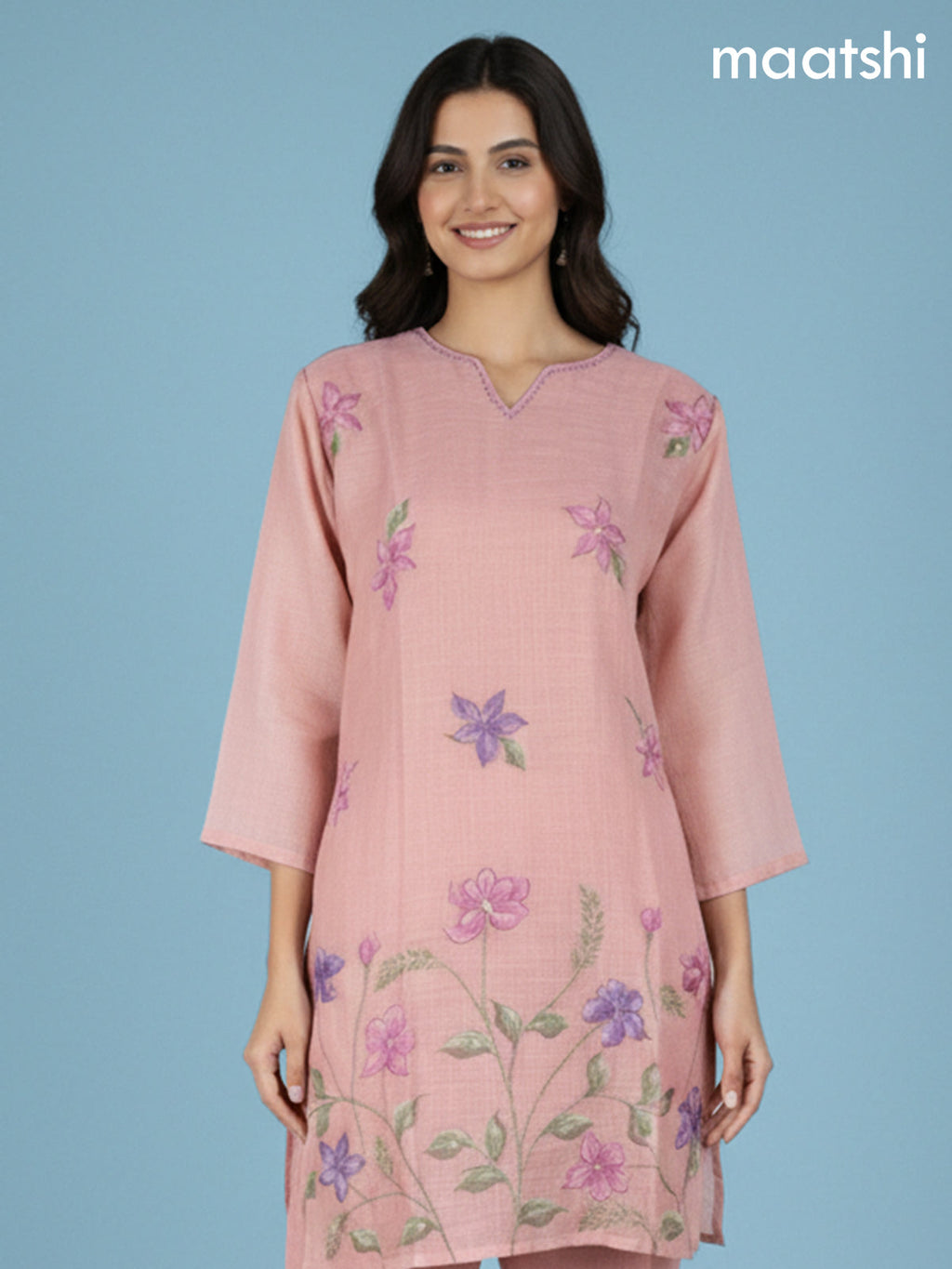 Peach Pink Linen Floral Printed Co-Ord Set