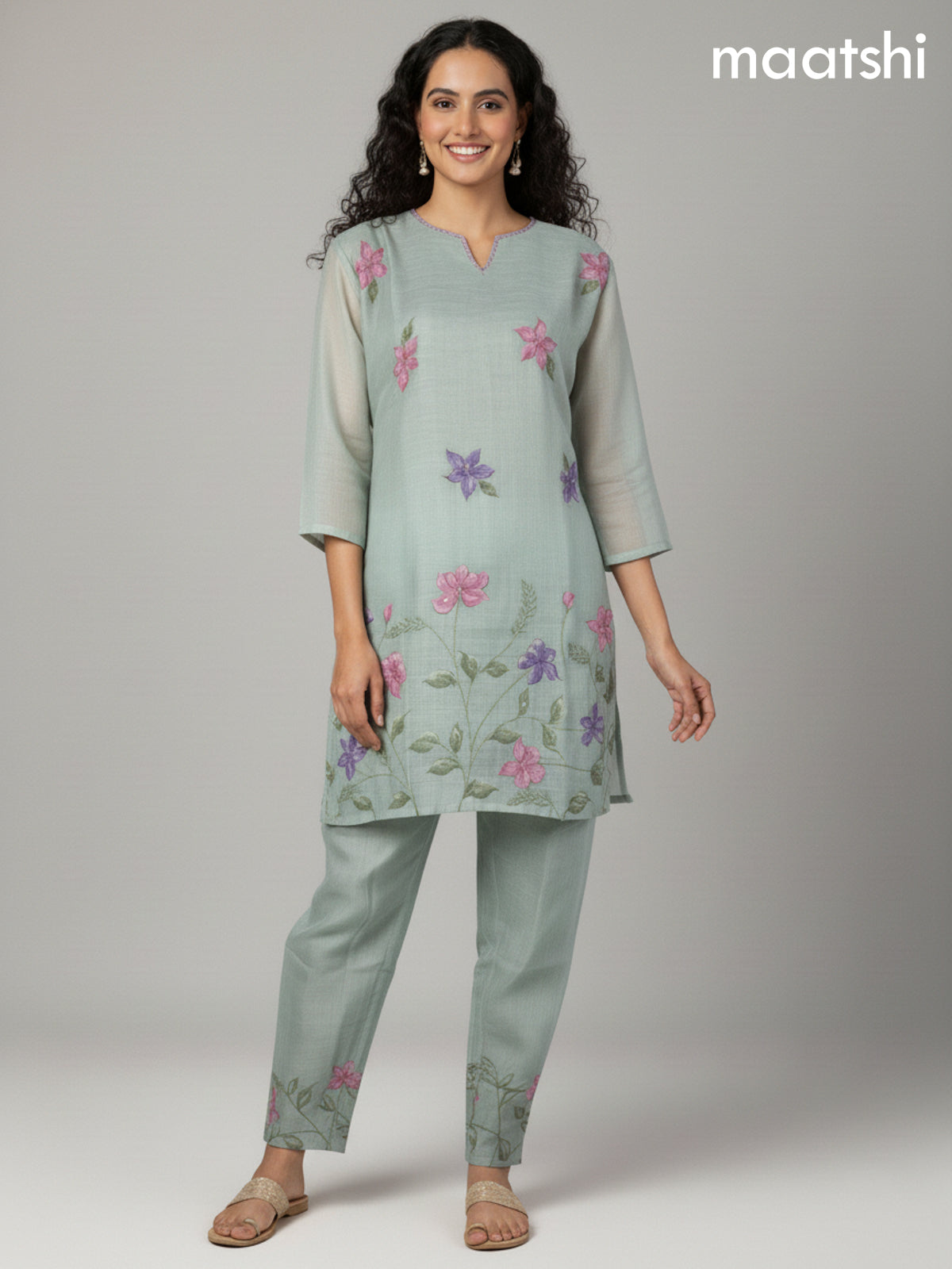 Pastel Green Linen Floral Printed Co-Ord Set