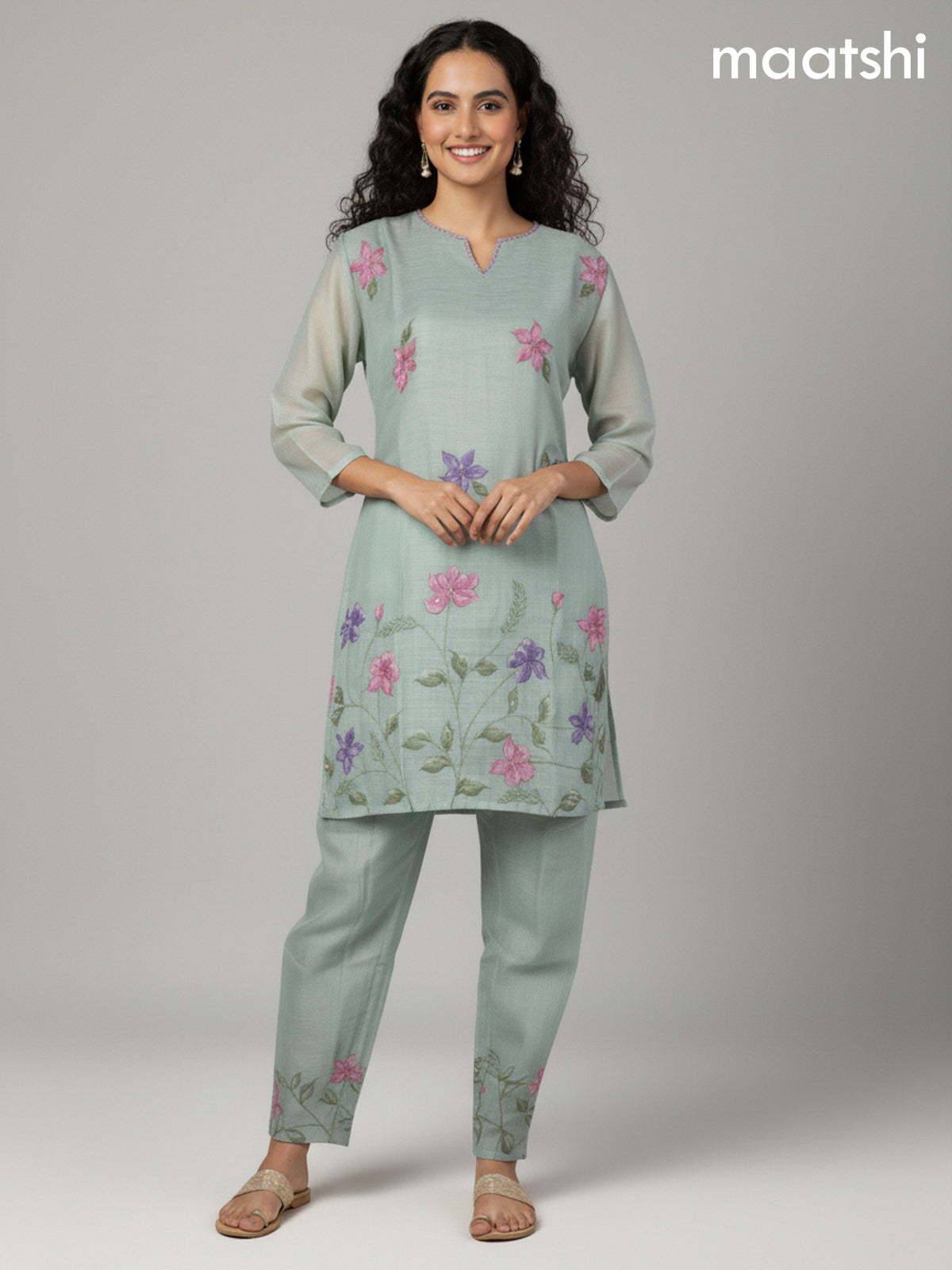 Pastel Green Linen Floral Printed Co-Ord Set