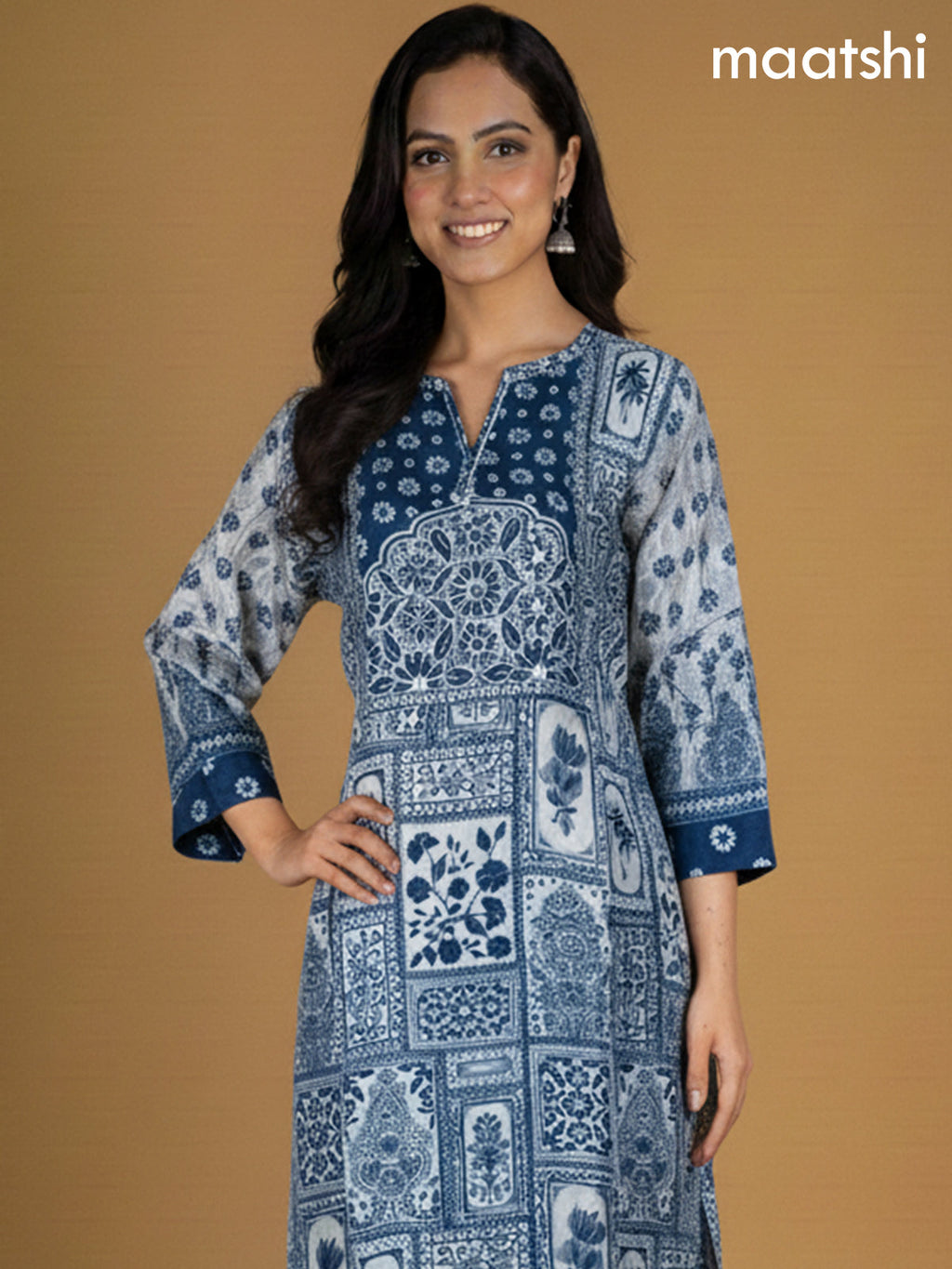 Blue and Grey Shade Dola Silk Printed Straight Suit