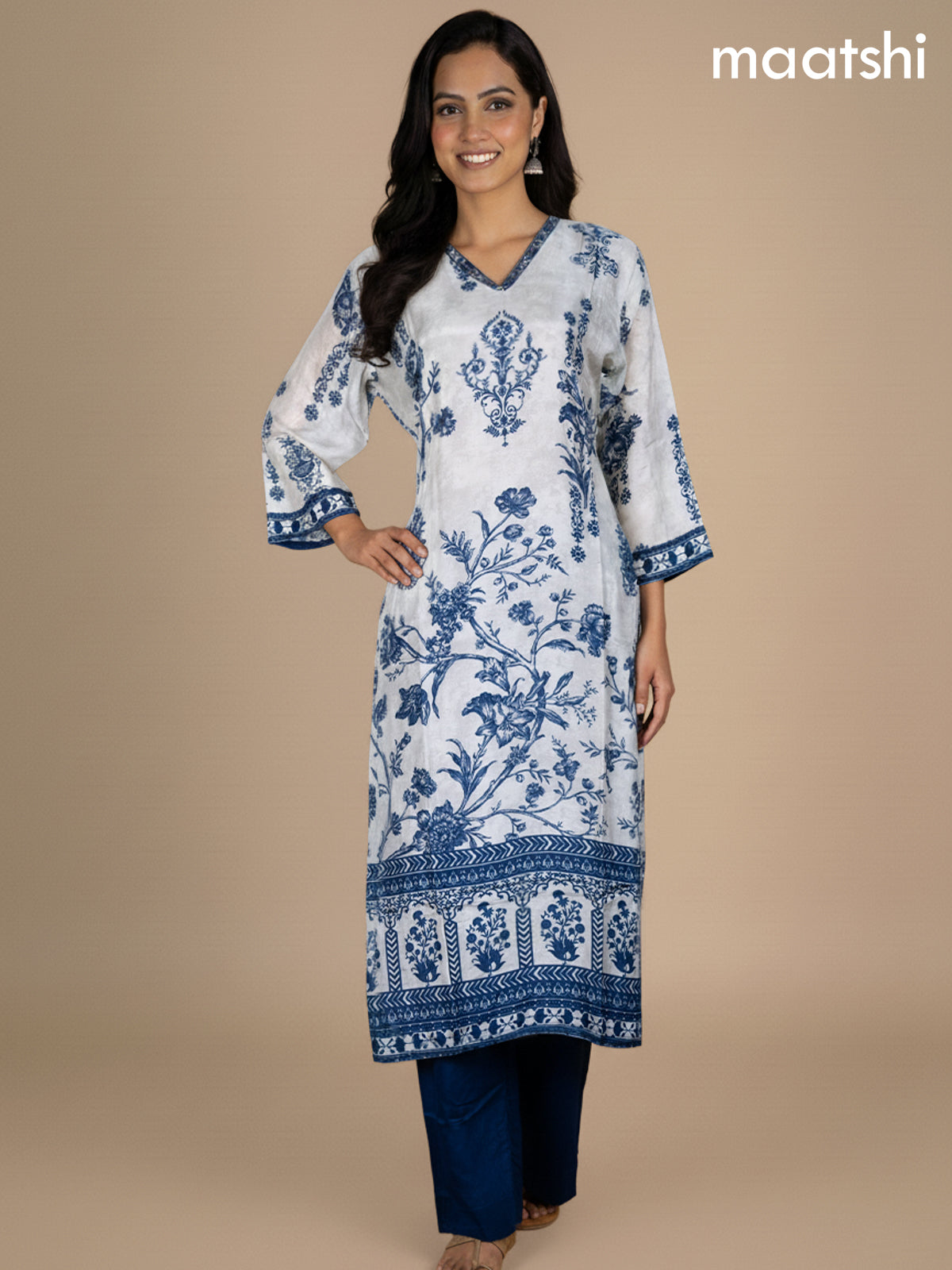 Pastel Grey and Blue Dola Silk Printed Straight Suit