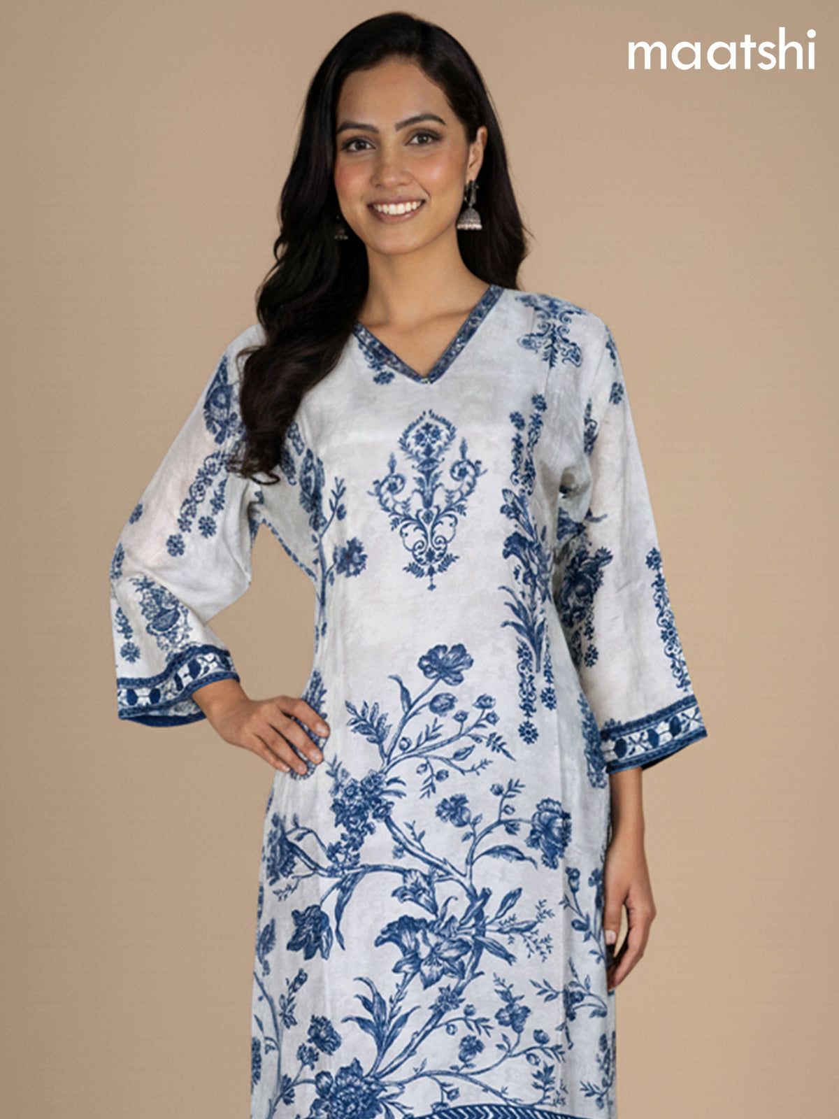 Pastel Grey and Blue Dola Silk Printed Straight Suit