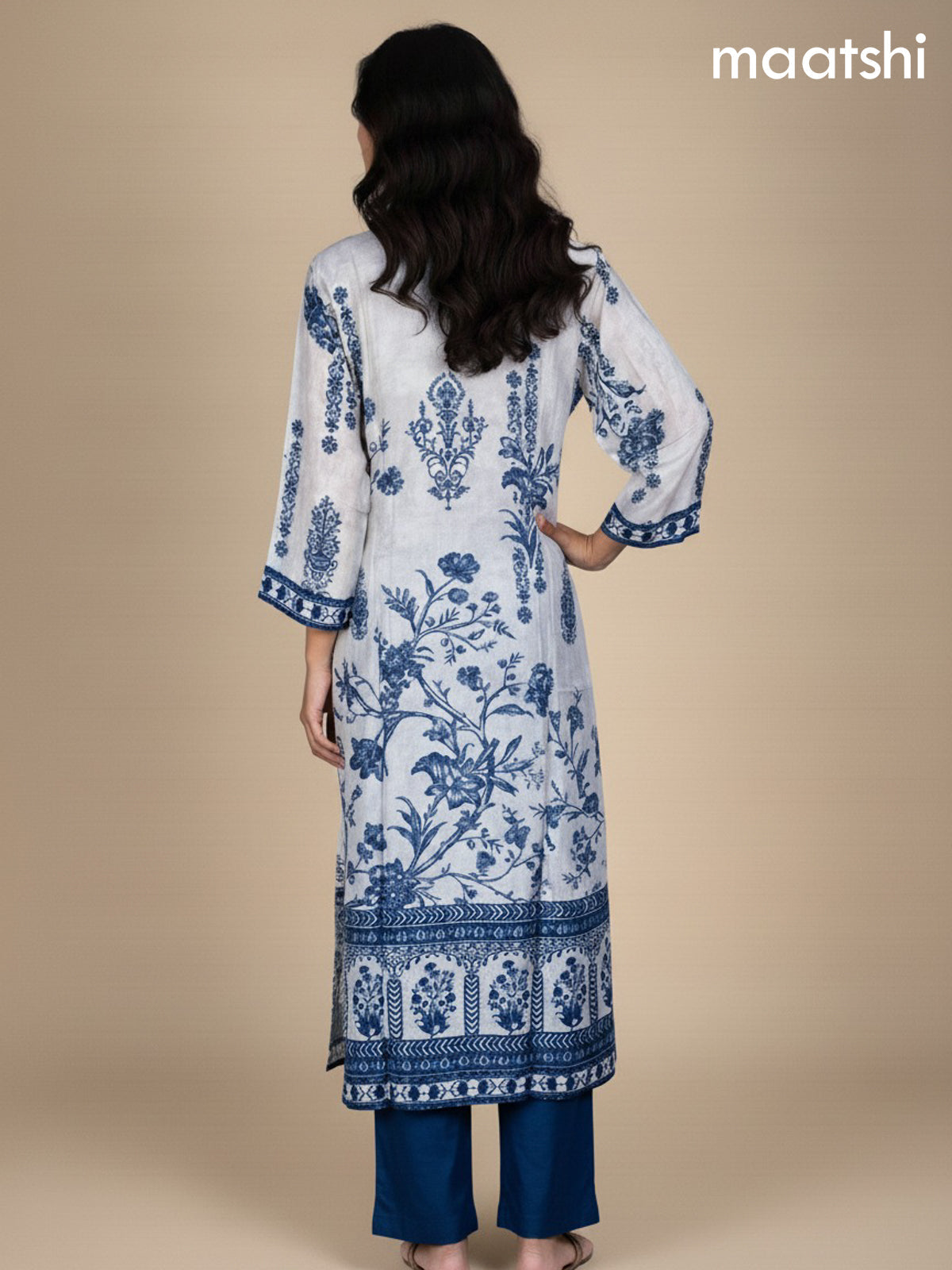 Pastel Grey and Blue Dola Silk Printed Straight Suit