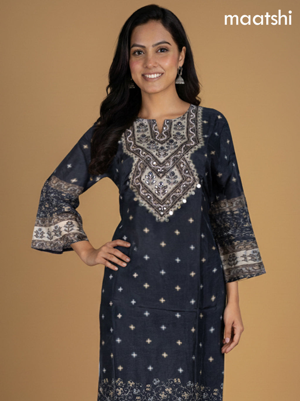 Black Russian Silk Printed Straight Suit