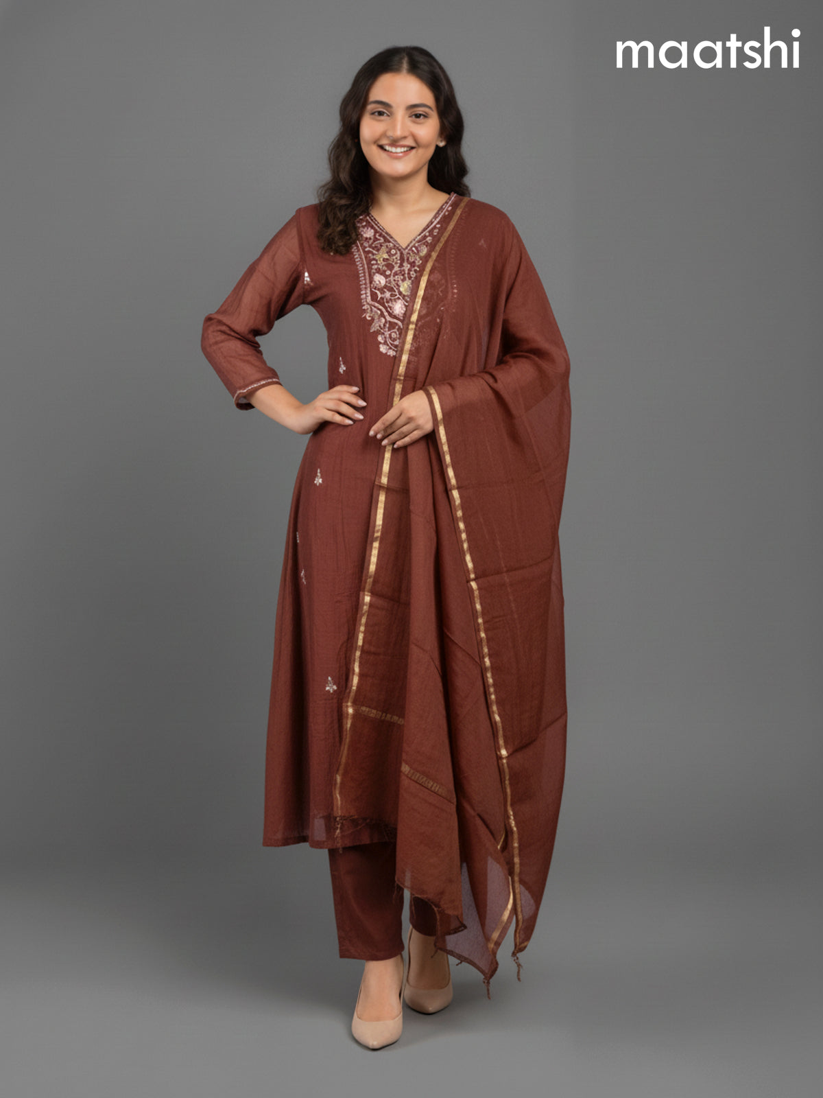 Brown Mul Chanderi Zardosi Work