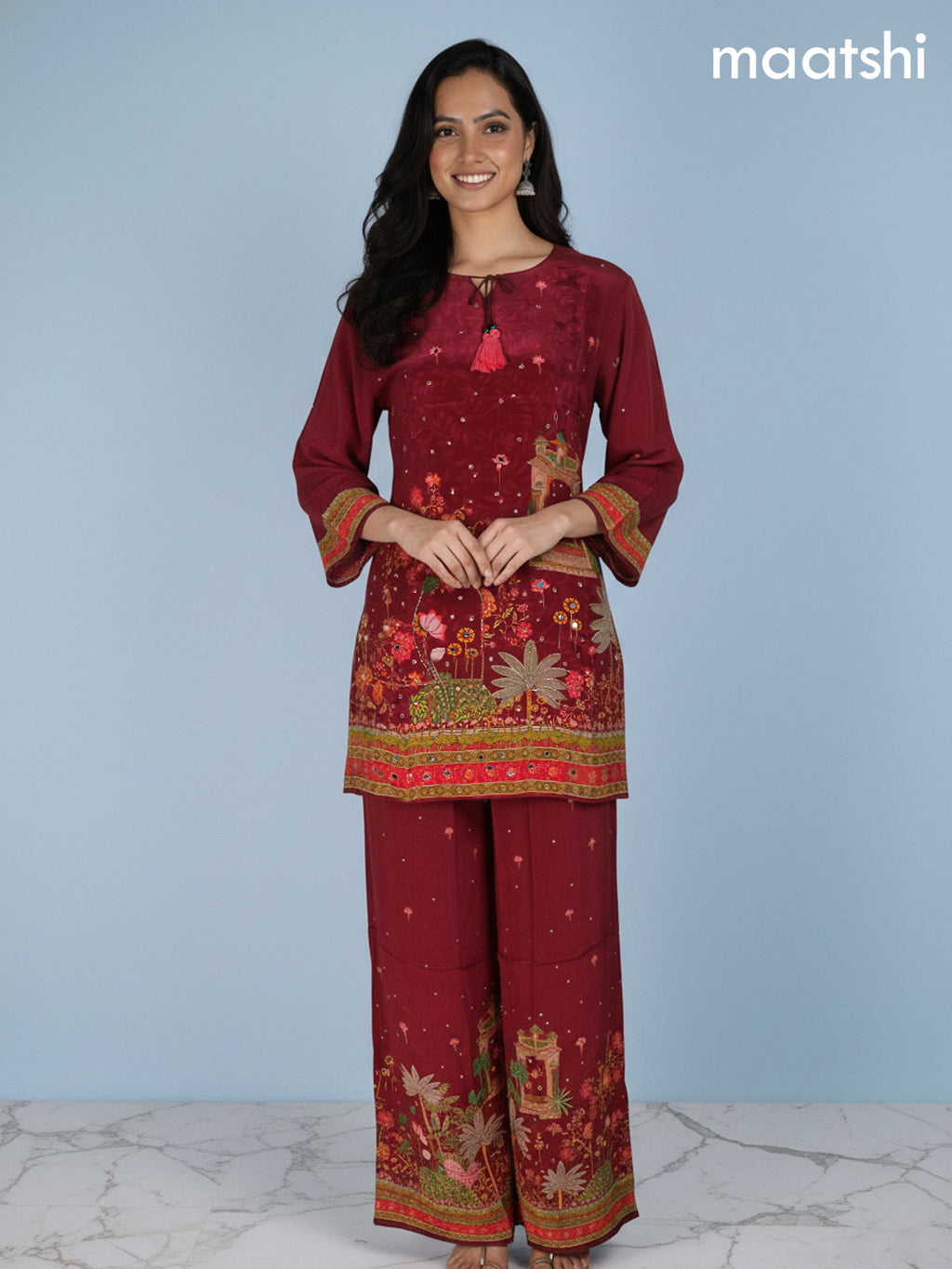 Maroon Crepe Silk Printed Co-Ord Set