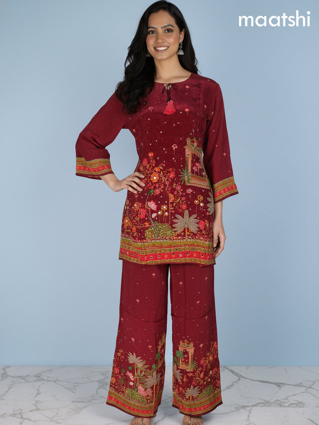 Maroon Crepe Silk Printed Co-Ord Set
