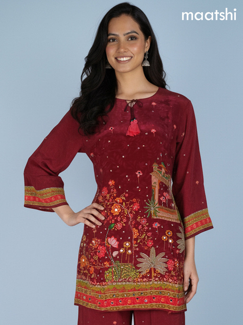 Maroon Crepe Silk Printed Co-Ord Set