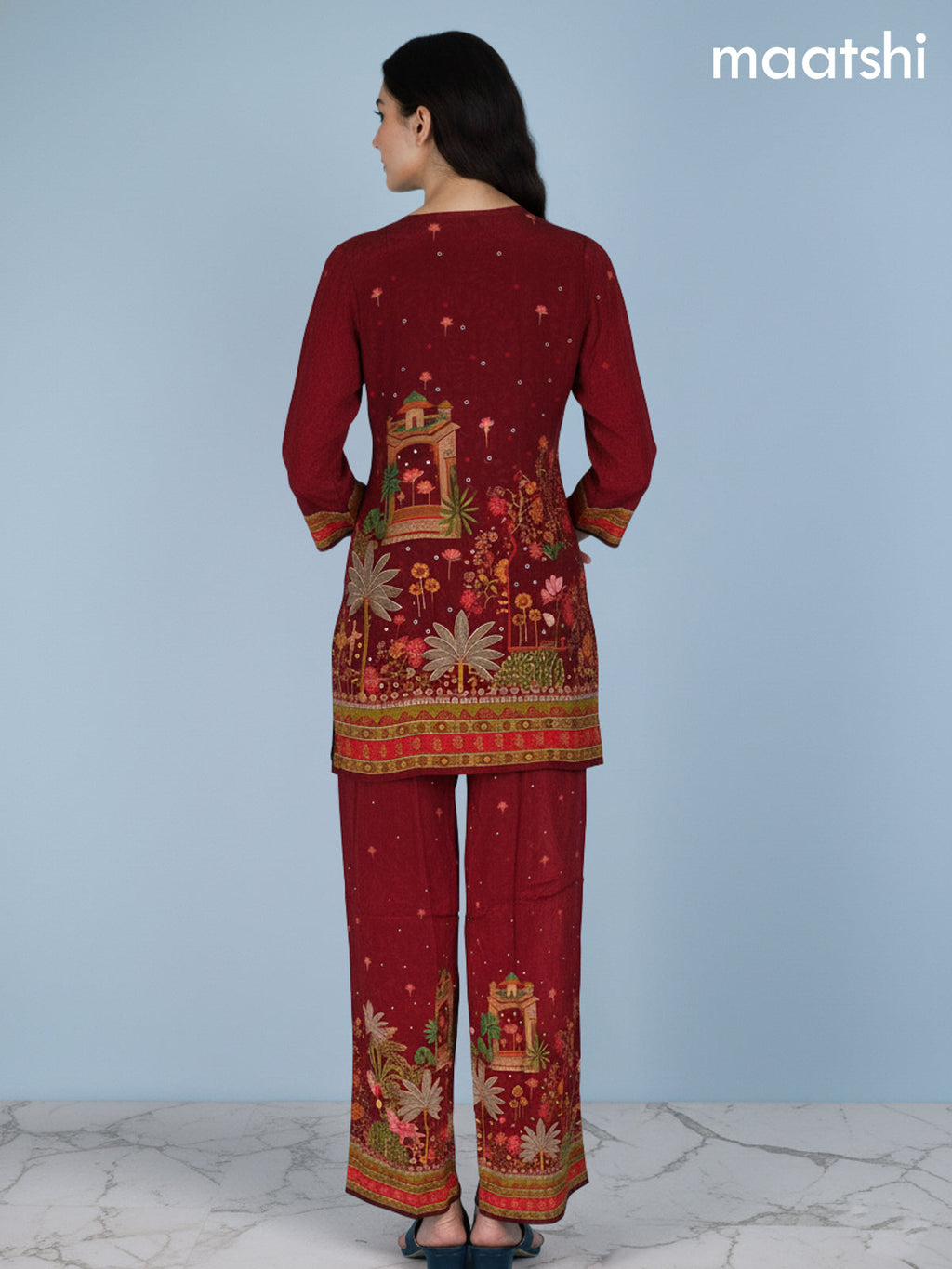 Maroon Crepe Silk Printed Co-Ord Set