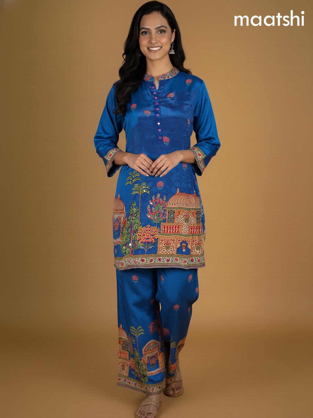 Peacock Blue Crepe Silk Printed Co-Ord Set