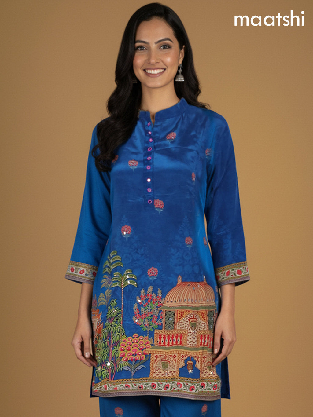 Peacock Blue Crepe Silk Printed Co-Ord Set