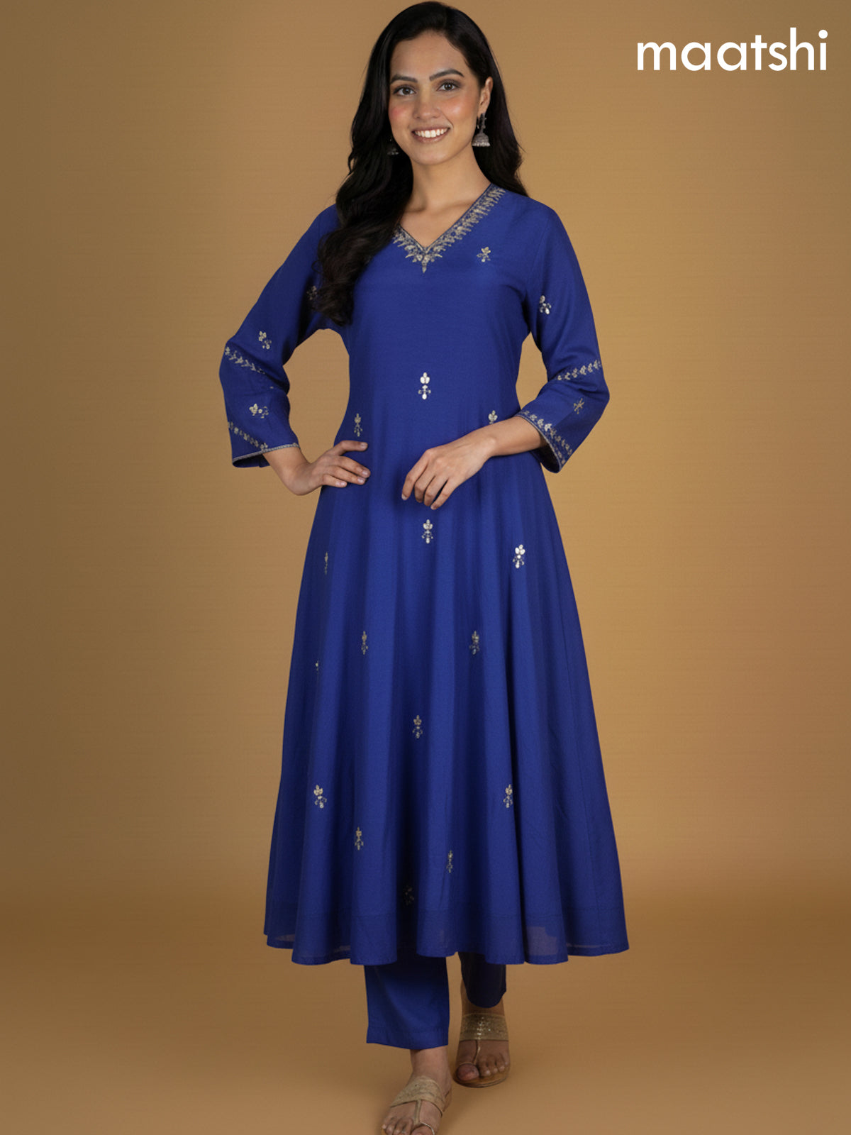 Royal Blue Mul Chanderi Pita Work Neck Pattern A-Line Suit