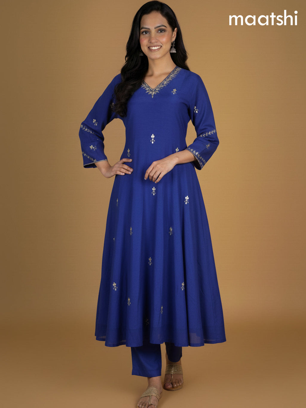 Royal Blue Mul Chanderi Pita Work Neck Pattern A-Line Suit