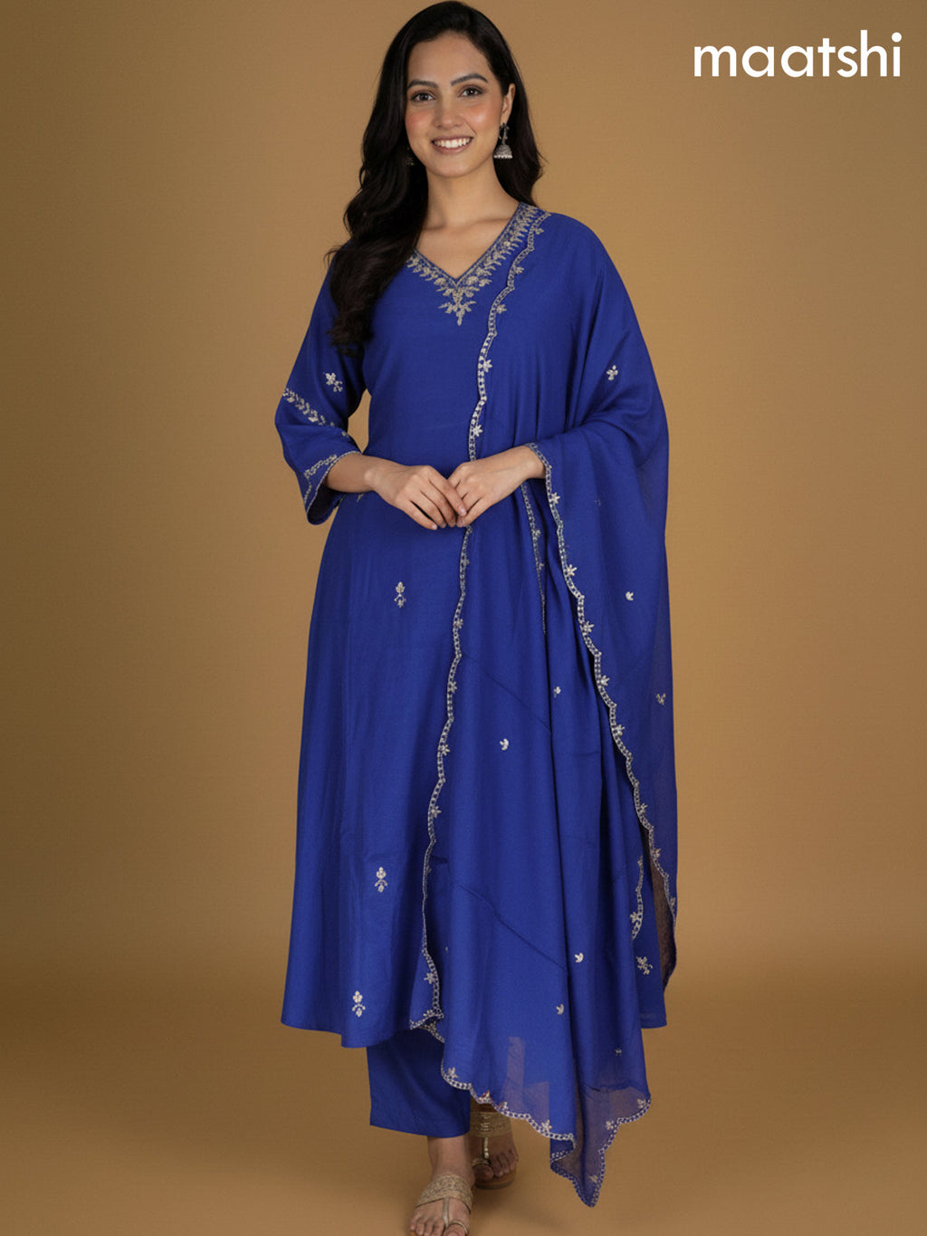 Royal Blue Mul Chanderi Pita Work Neck Pattern A-Line Suit