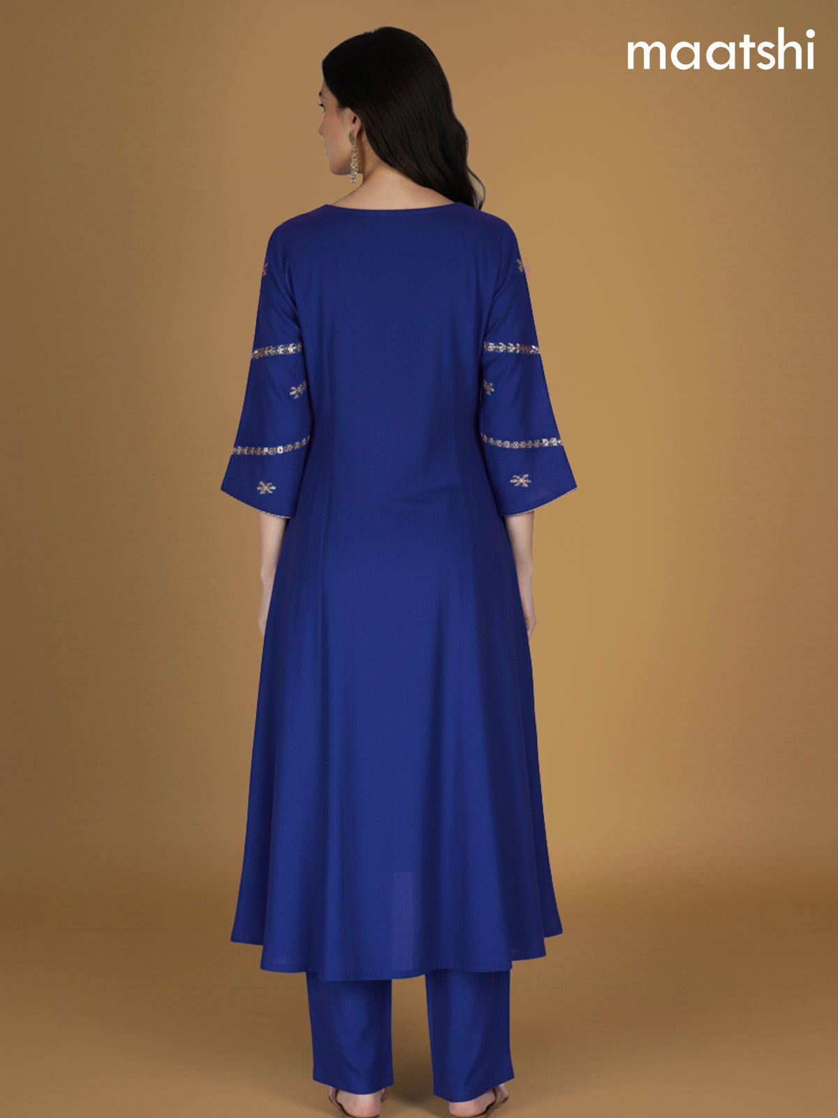 Royal Blue Mul Chanderi Pita Work Neck Pattern A-Line Suit