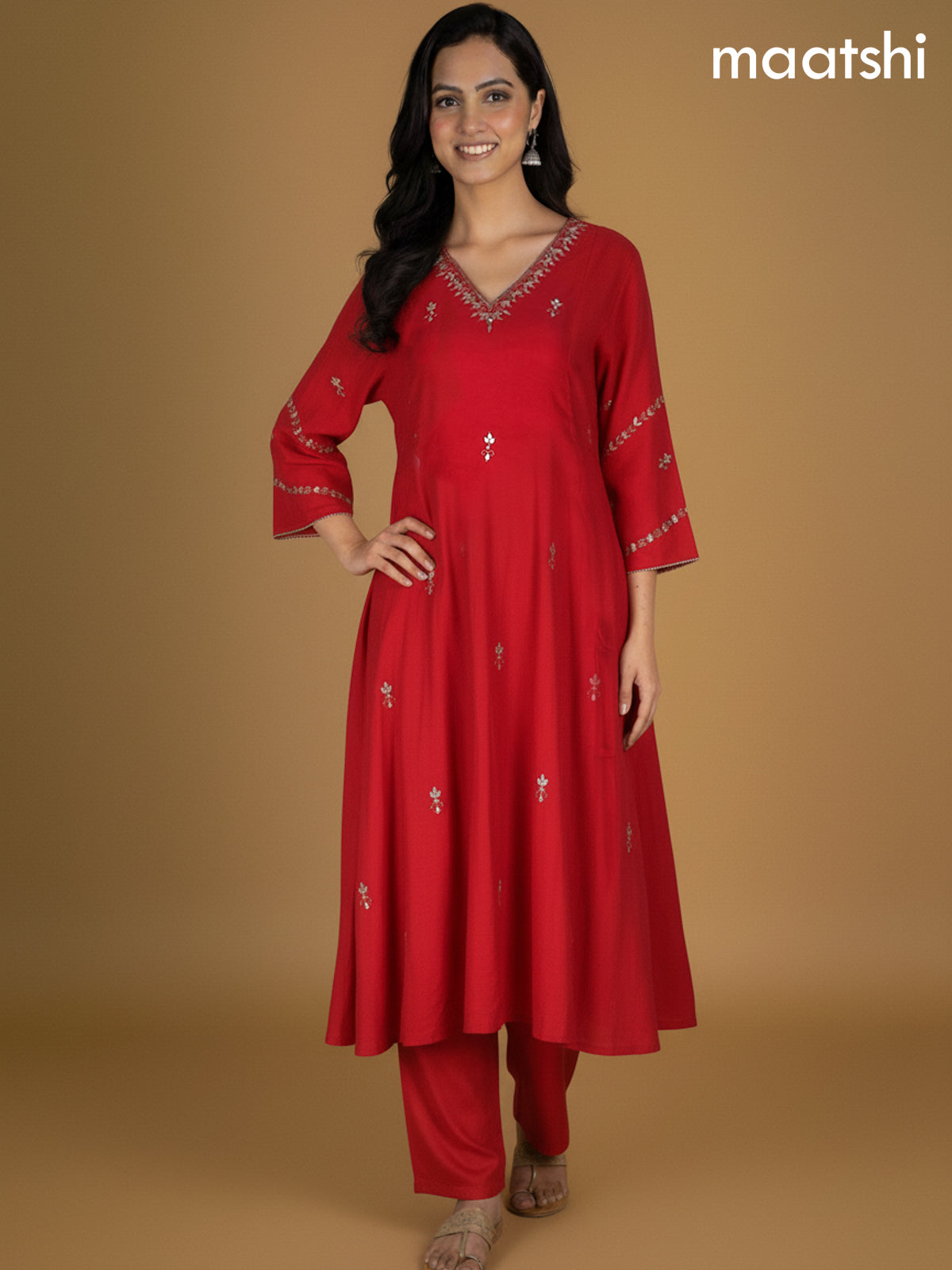 Red Mul Chanderi Pita Work Neck Pattern A-Line Suit