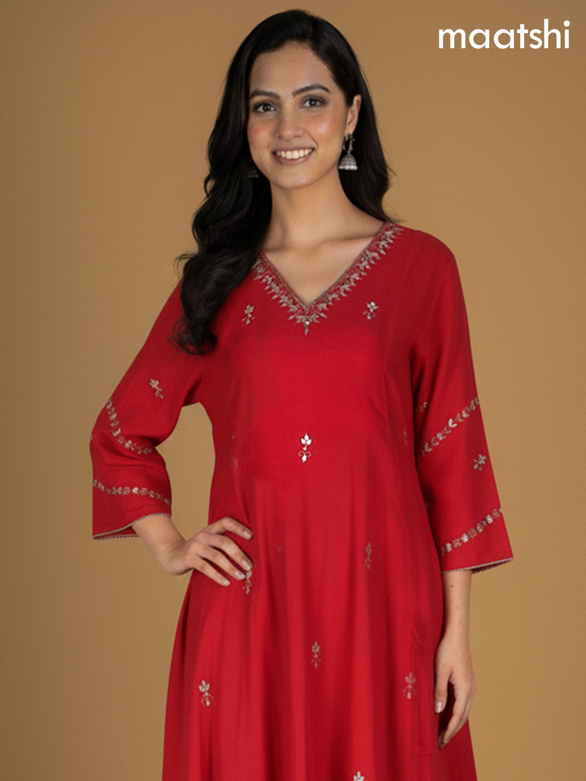 Red Mul Chanderi Pita Work Neck Pattern A-Line Suit