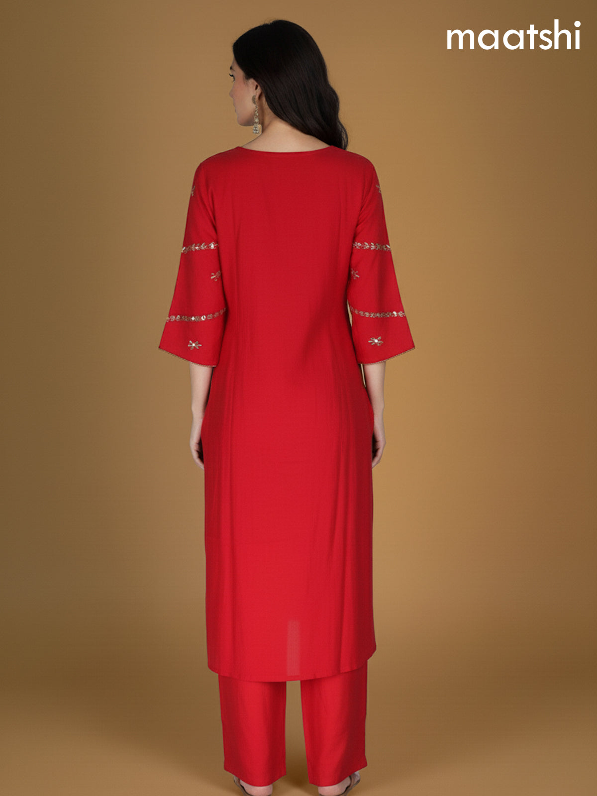 Red Mul Chanderi Pita Work Neck Pattern A-Line Suit
