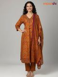 Orange Cotton Kalamkari Printed Anarkali Suit