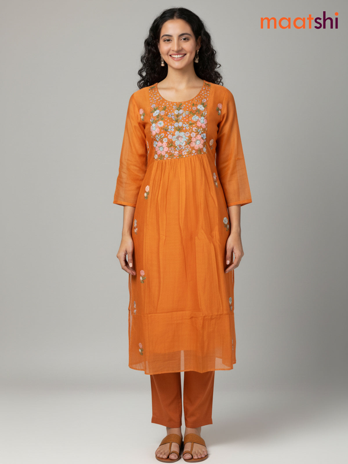 Orange Mul Chanderi Embroidery Work Anarkali Suit