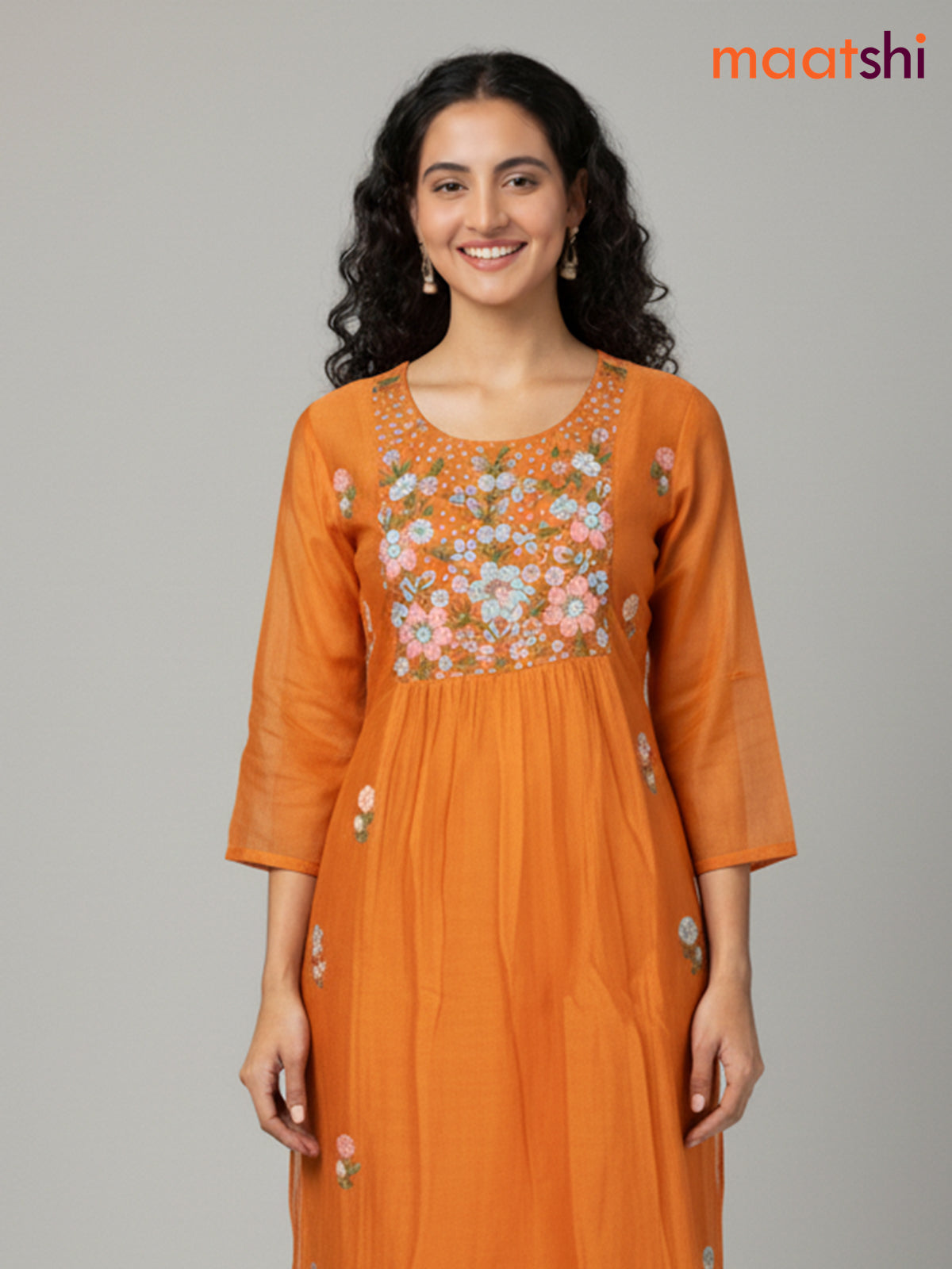 Orange Mul Chanderi Embroidery Work Anarkali Suit