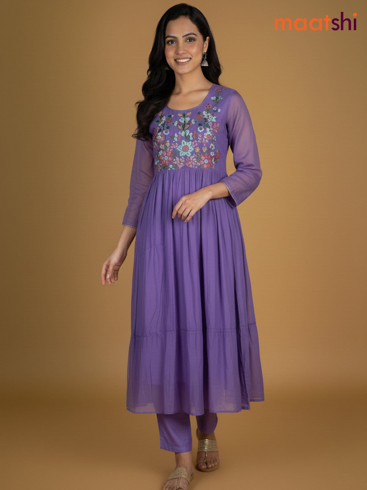 Lavender Mul Chanderi Embroidery Work Anarkali Suit