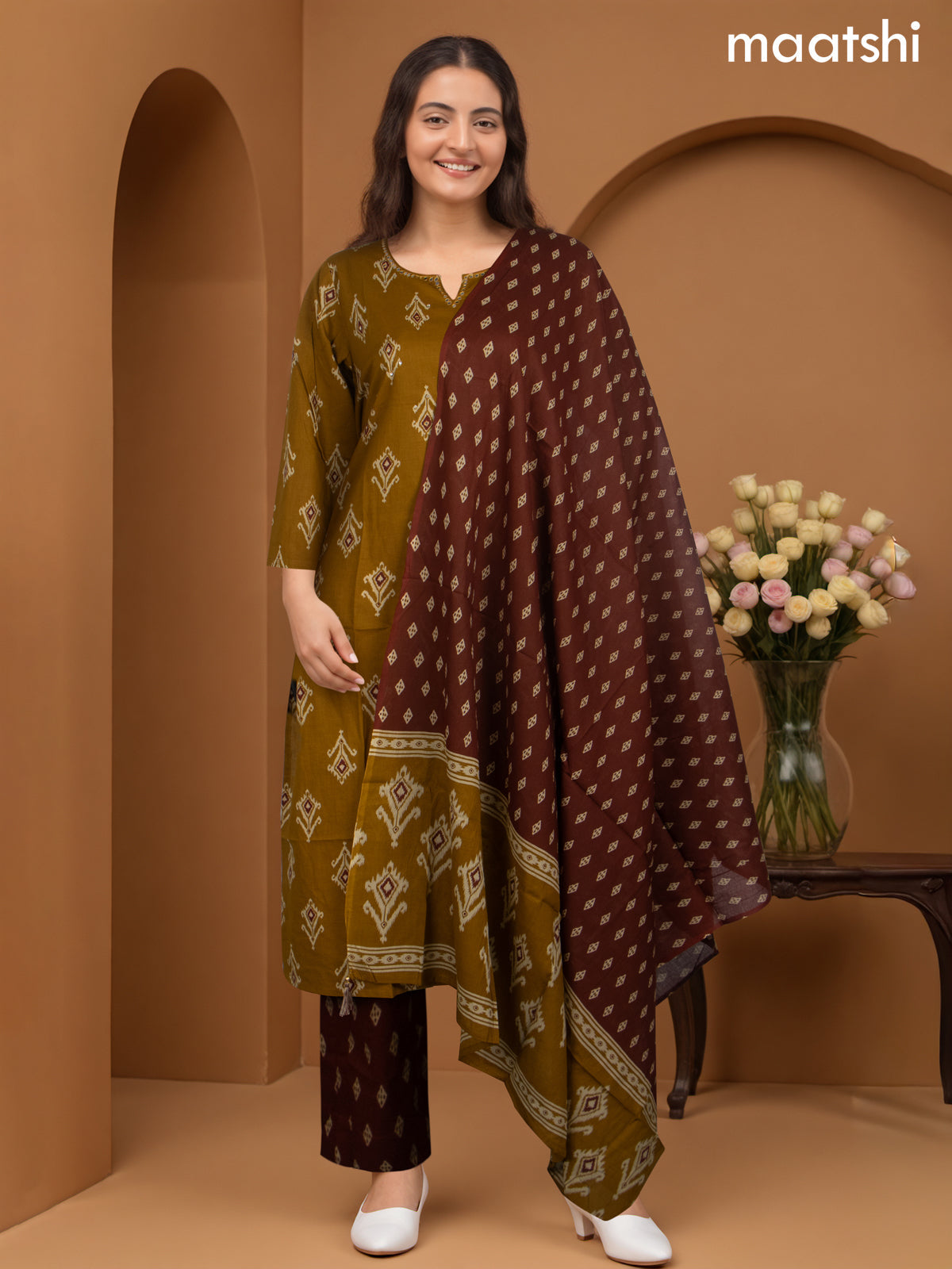 Cotton salwar suit mustard shade and maroon with ikat butta weaves & mirror work neck pattern and straight cut pant & dupatta