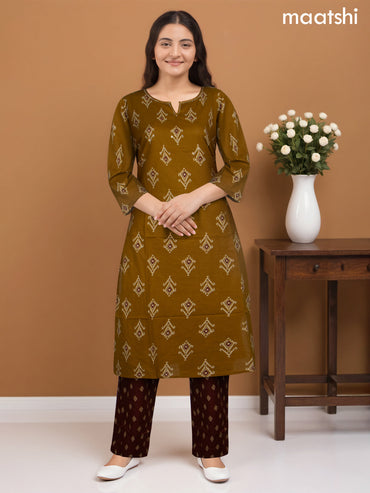 Cotton salwar suit mustard shade and maroon with ikat butta weaves & mirror work neck pattern and straight cut pant & dupatta